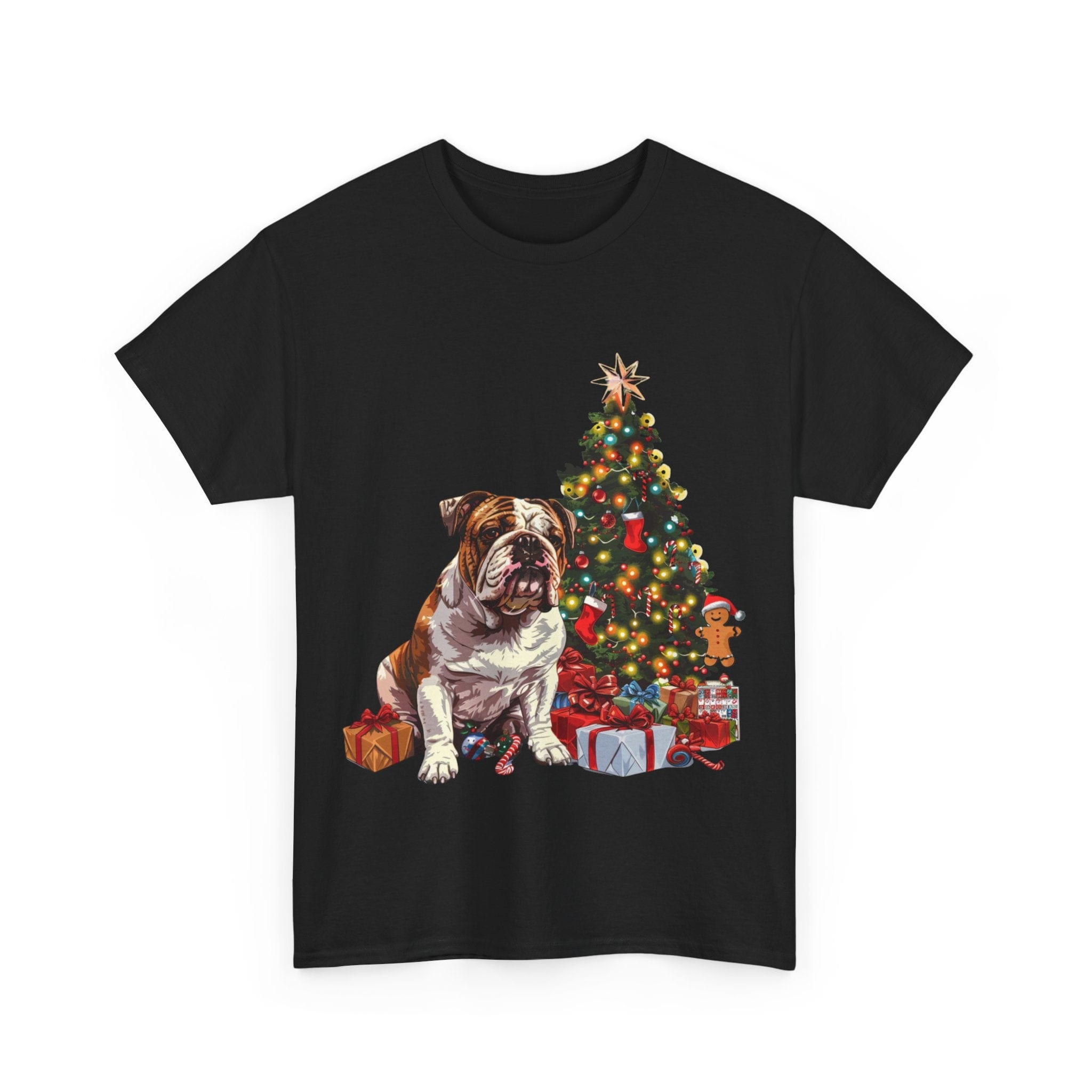 Printify T-Shirt Bulldog with Christmas Tree and Gifts – Festive Holiday Dog Art