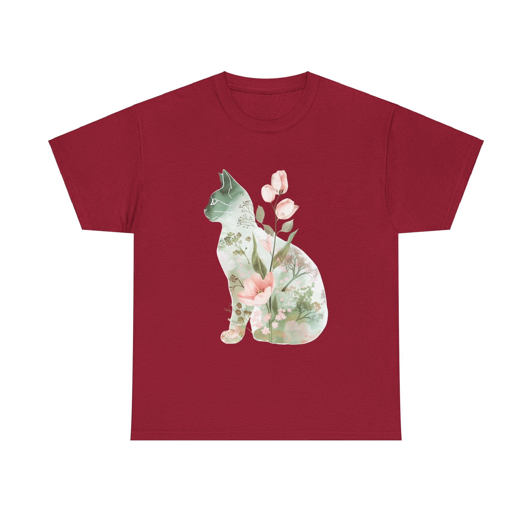 Printify T-Shirt Cardinal Red / L Floral Cat Unisex Heavy Cotton Tee