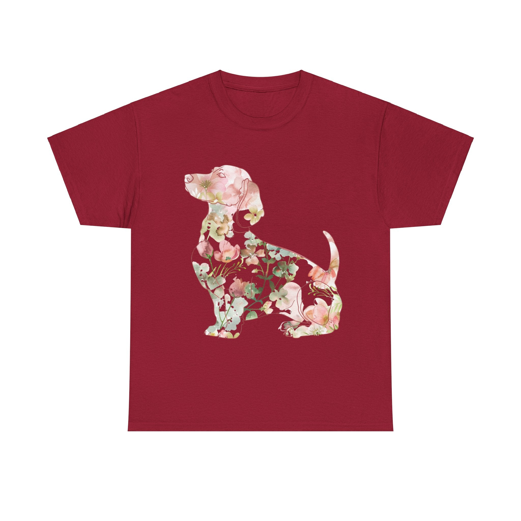 Printify T-Shirt Cardinal Red / L Floral Dachshund Unisex Heavy Cotton Tee