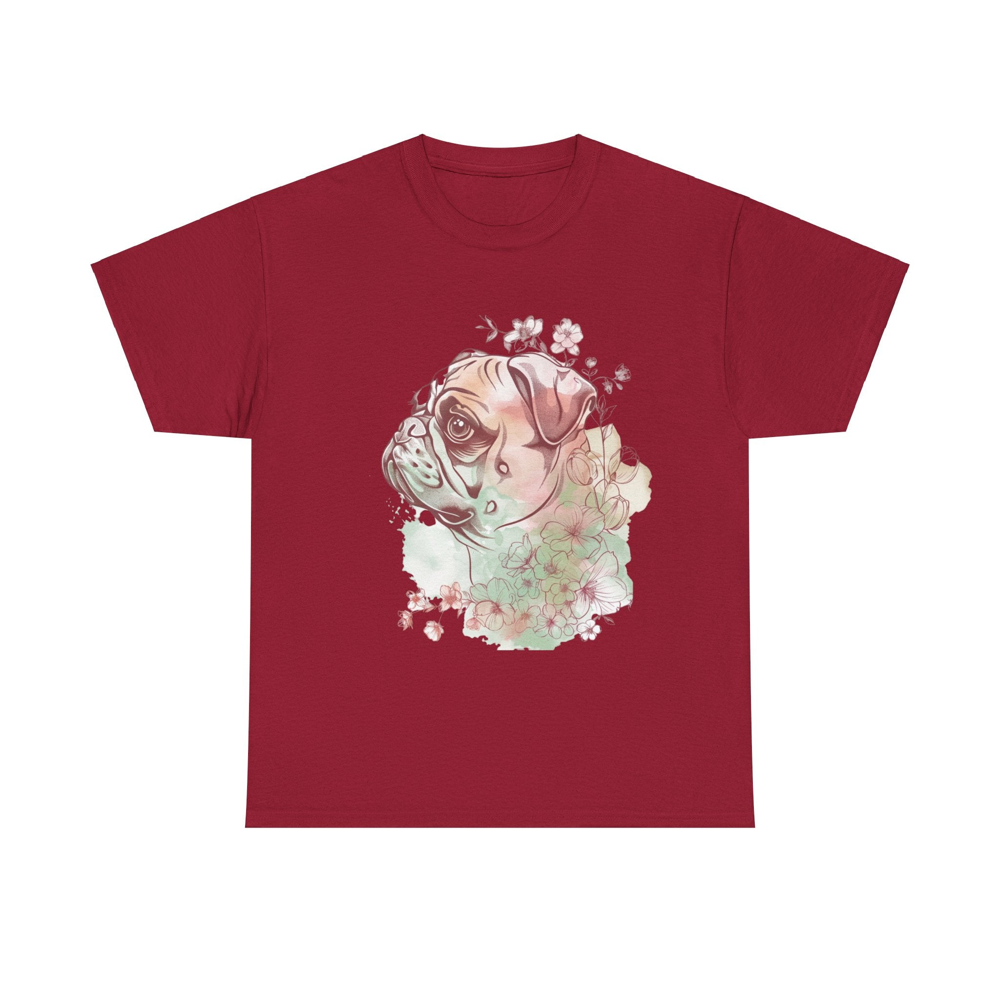 Printify T-Shirt Cardinal Red / L Floral Pug Silhouette Unisex Heavy Cotton Tee