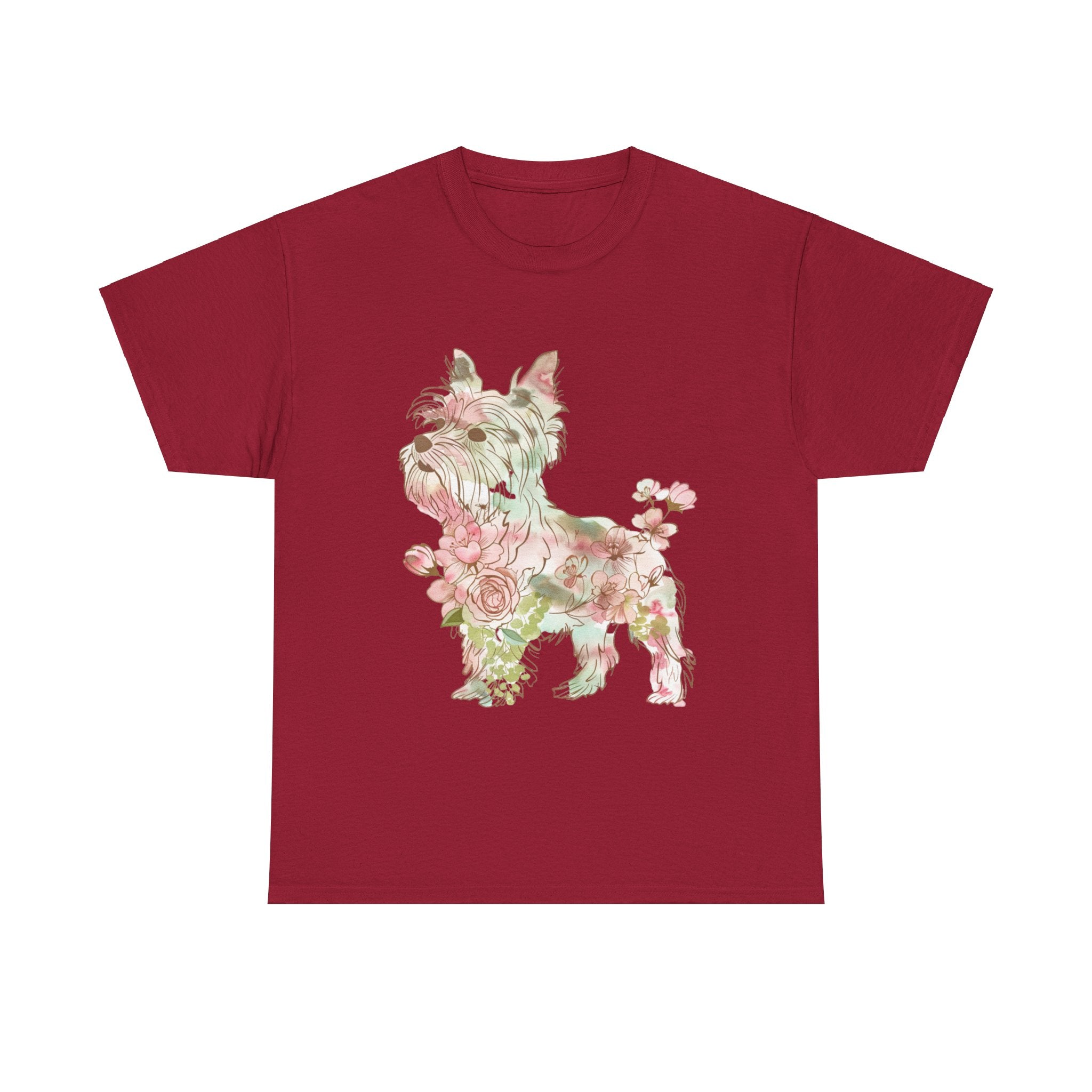 Printify T-Shirt Cardinal Red / L Floral Yorkshire Terrier Unisex Cotton Tee