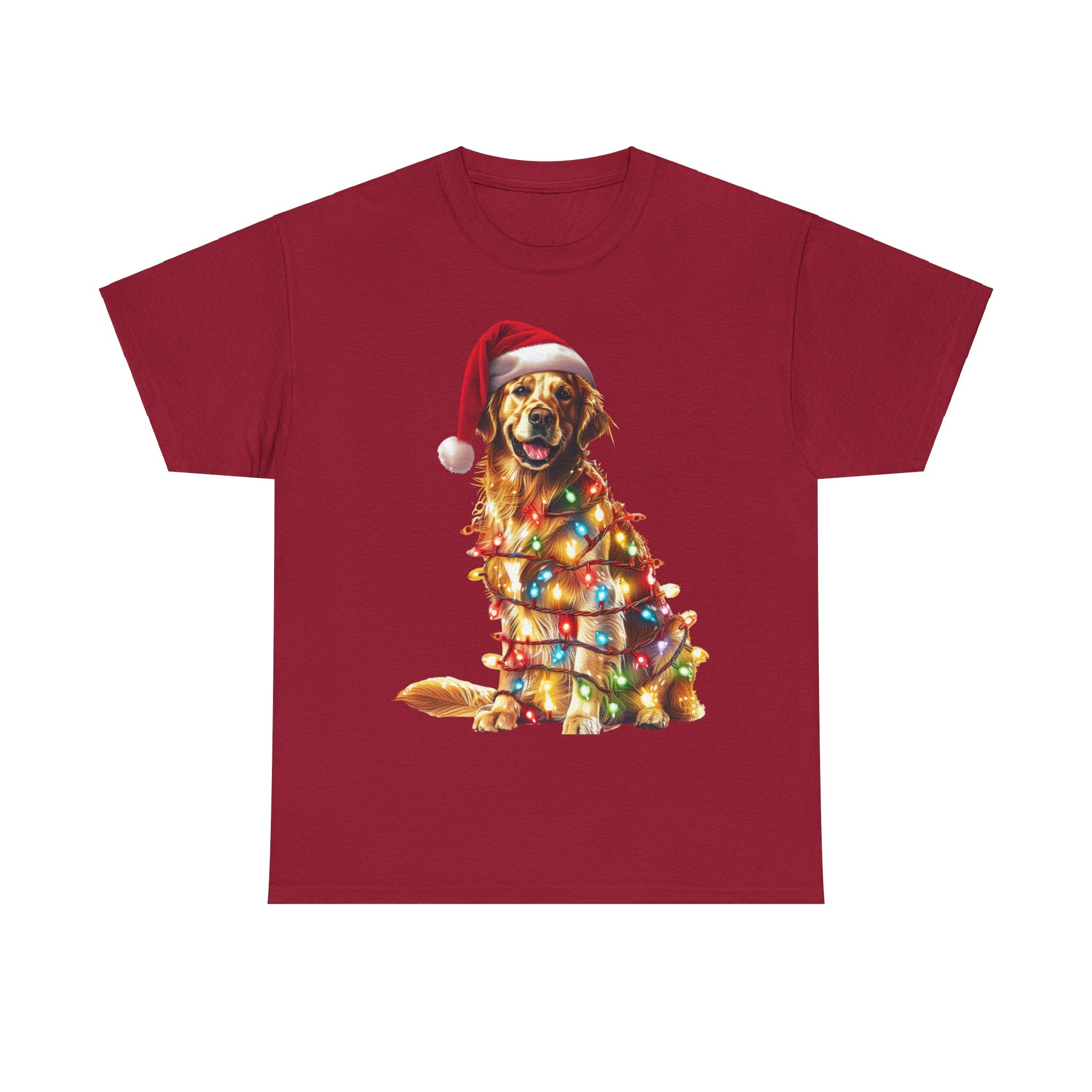 Printify T-Shirt Cardinal Red / L Golden Retriever Christmas Lights Unisex Heavy Cotton Tee