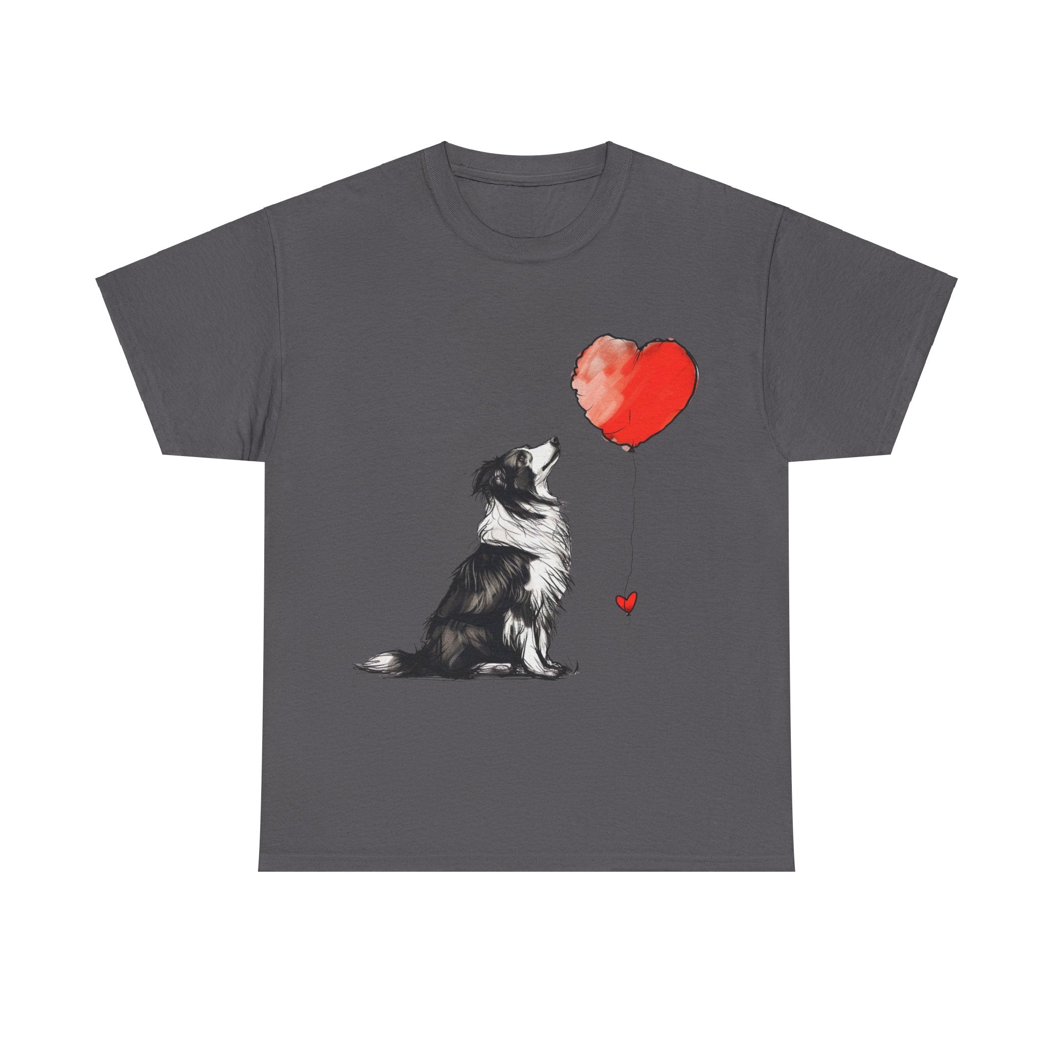 Printify T-Shirt Charcoal / S Adorable Border Collie with Heart Balloon T-Shirt – Perfect for Dog Lovers