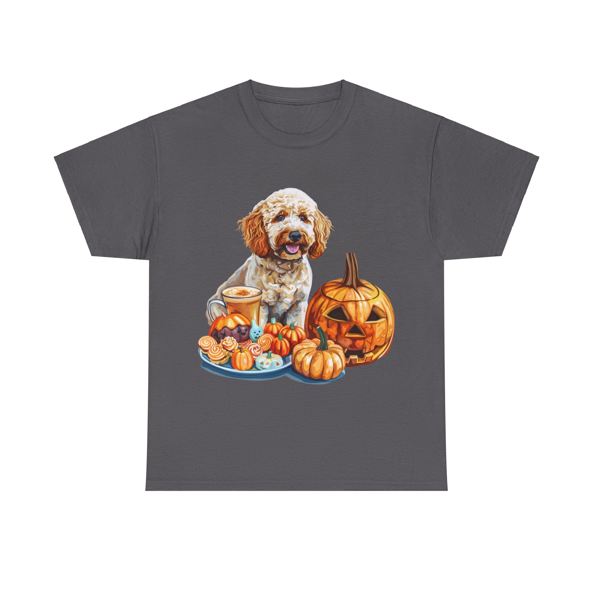 Printify T-Shirt Charcoal / S Adorable Cockapoo Halloween Design with Pumpkins and Festive Treats - Perfect for Dog Lovers