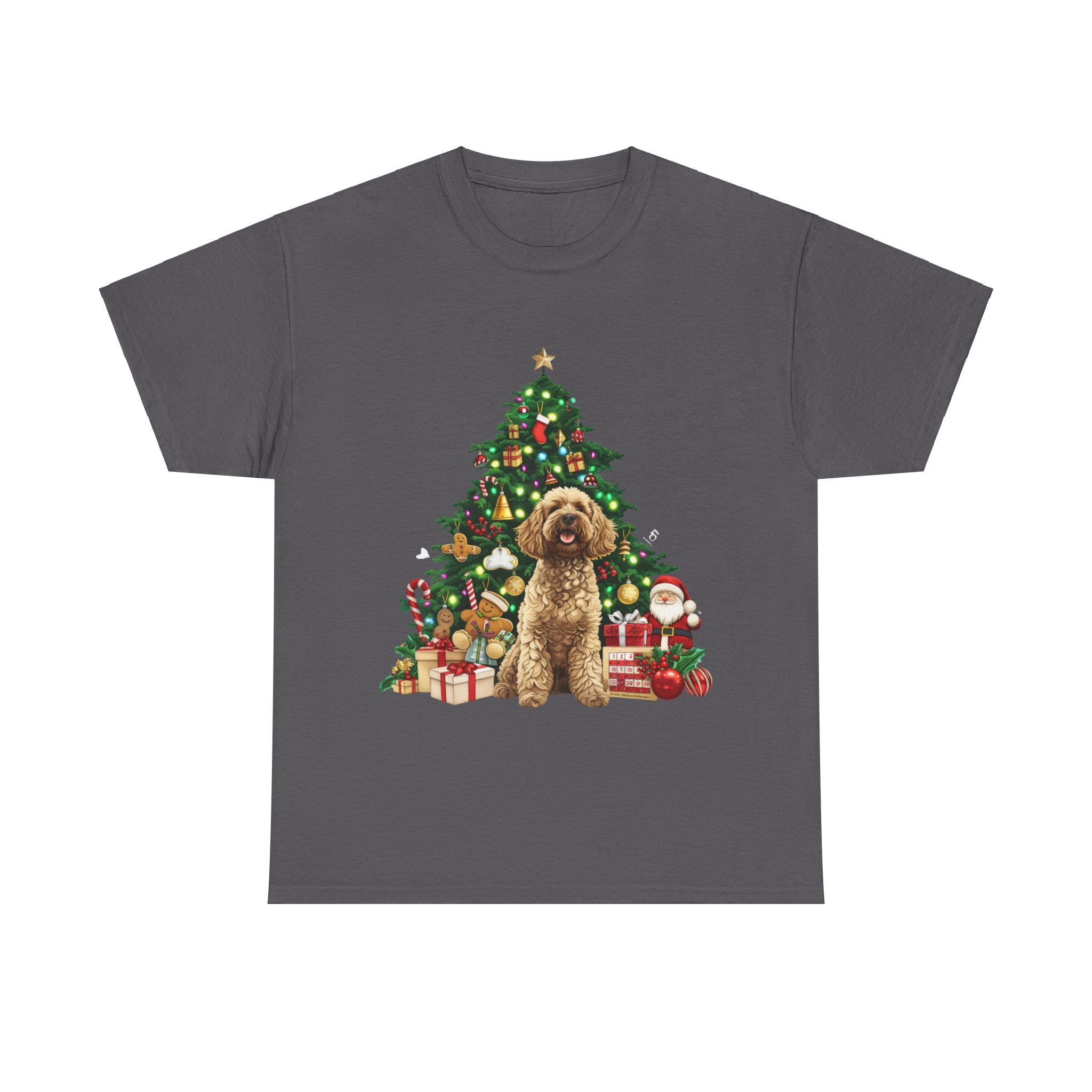 Printify T-Shirt Charcoal / S Adorable Cockapoo with Christmas Tree and Gifts – Festive Holiday Dog Art