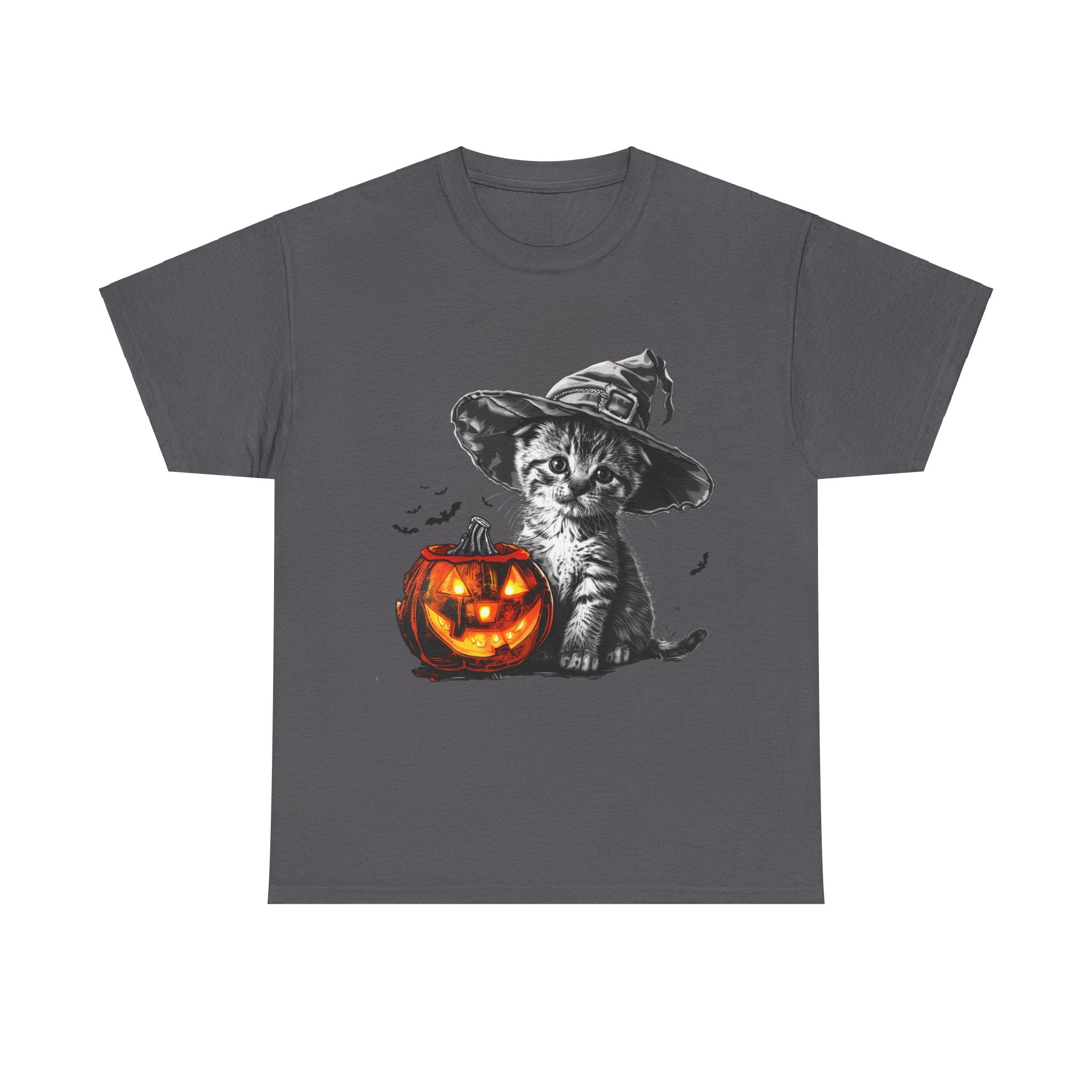 Printify T-Shirt Charcoal / S Adorable Kitten Witch Halloween Shirt – Spooky Pumpkin Design