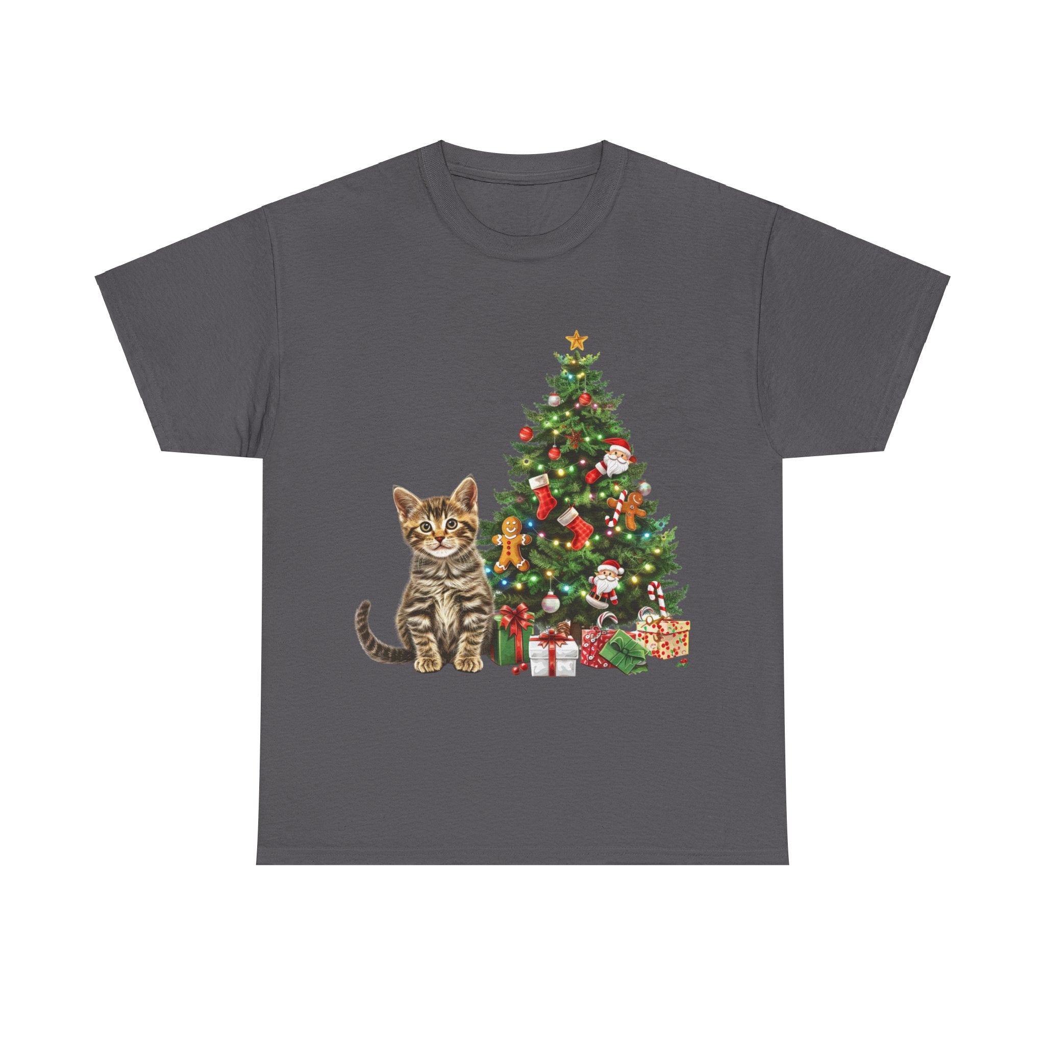 Printify T-Shirt Charcoal / S Adorable Tabby Kitten with Christmas Tree and Gifts – Festive Holiday Cat Art