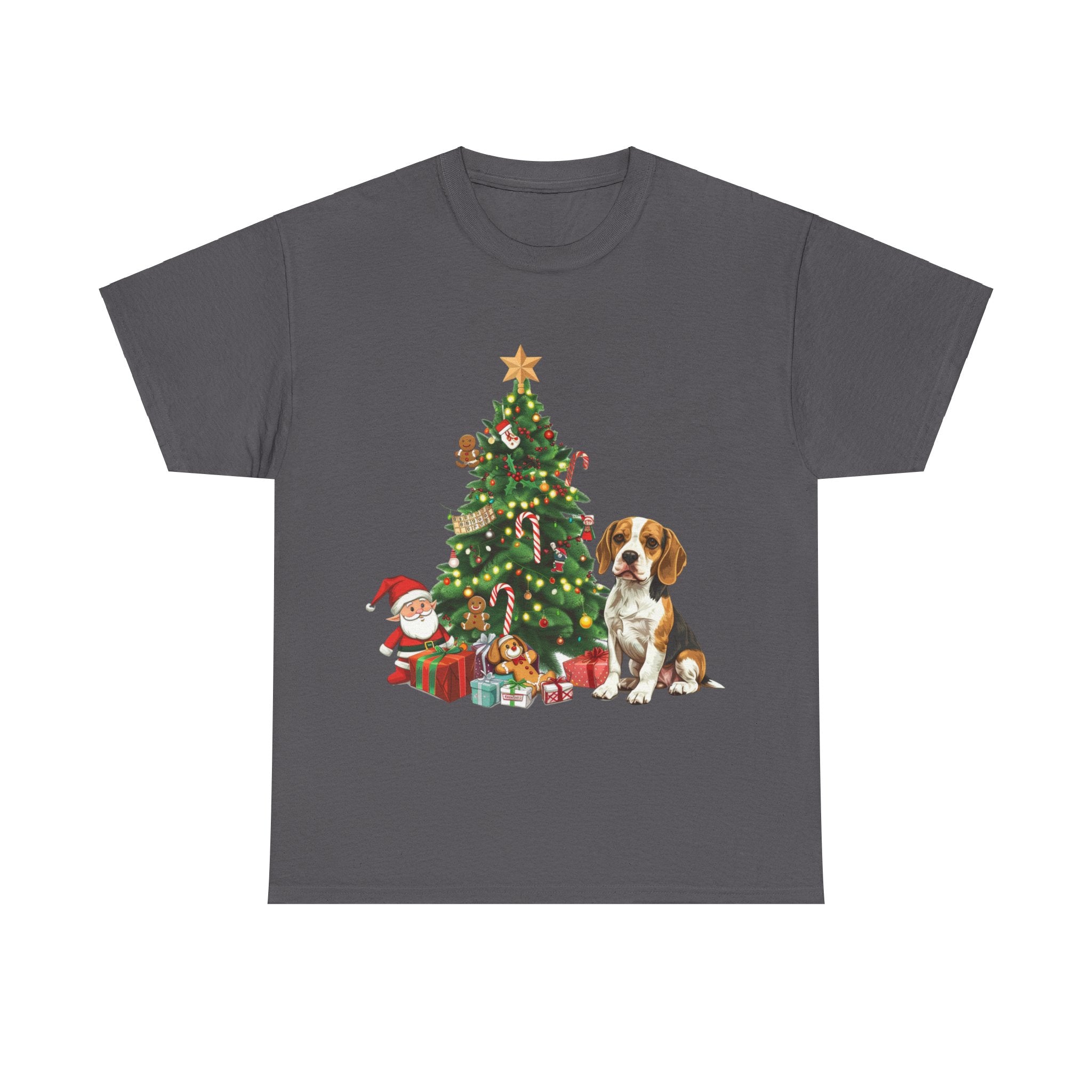 Printify T-Shirt Charcoal / S Beagle with Christmas Tree and Gifts – Festive Holiday Dog Art