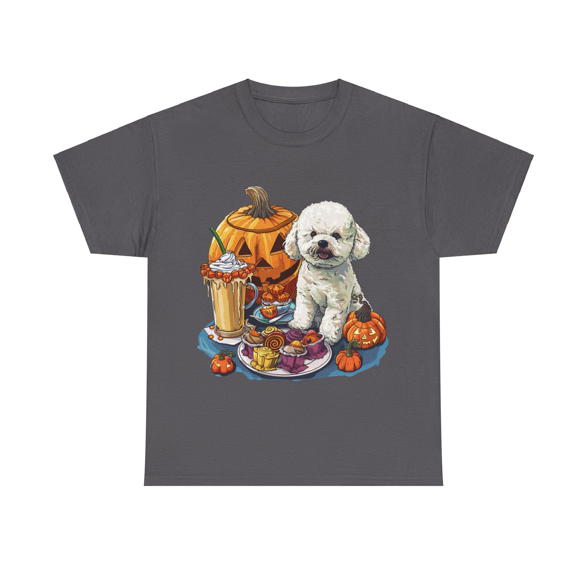 Printify T-Shirt Charcoal / S Bichon Frise Halloween Design with Jack-o'-Lanterns and Festive Treats – Perfect for Dog Lovers