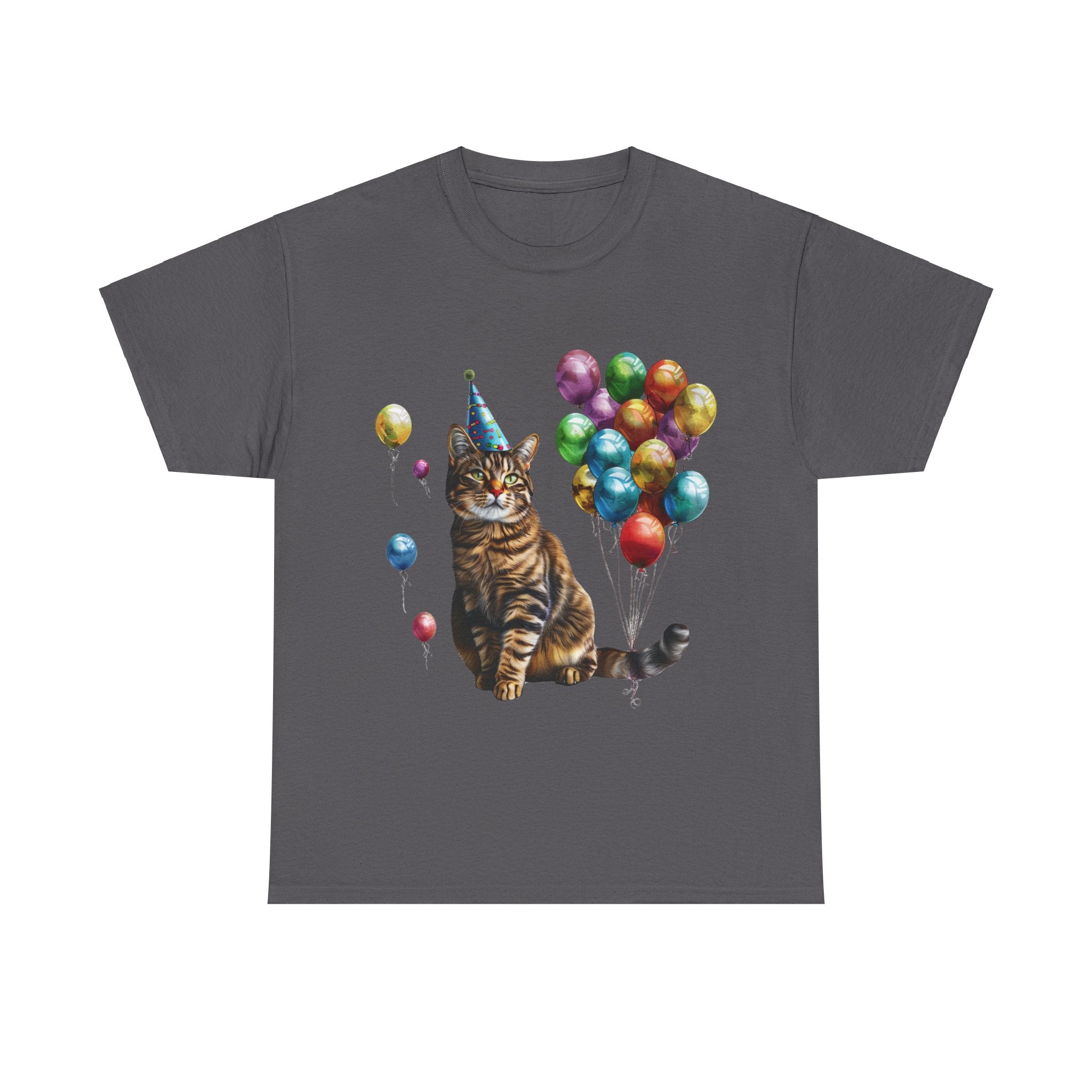 Printify T-Shirt Charcoal / S Birthday Cat with Balloons – Celebrate in Feline Style!