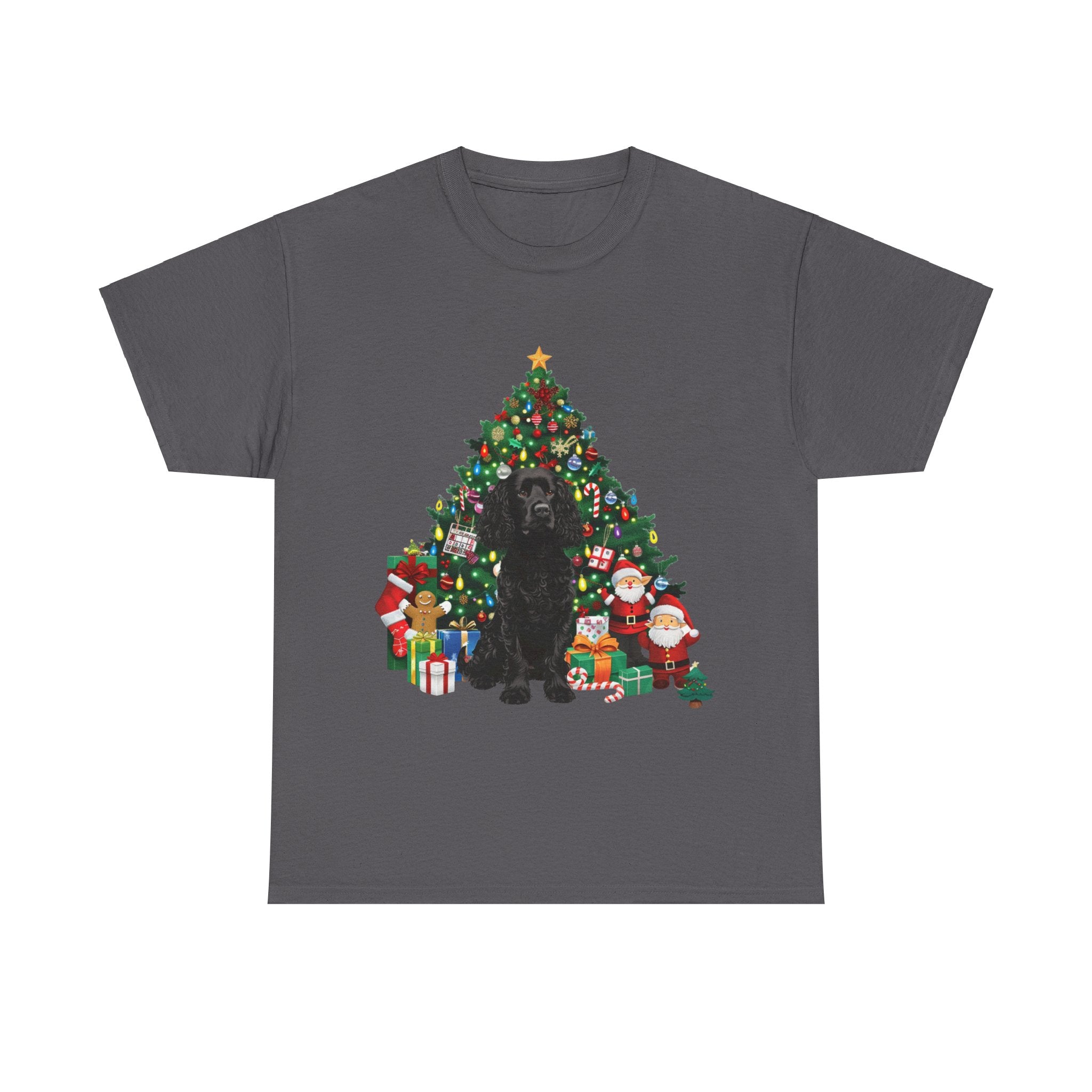 Printify T-Shirt Charcoal / S Black Cocker Spaniel with Christmas Tree and Santa – Festive Holiday Dog Art