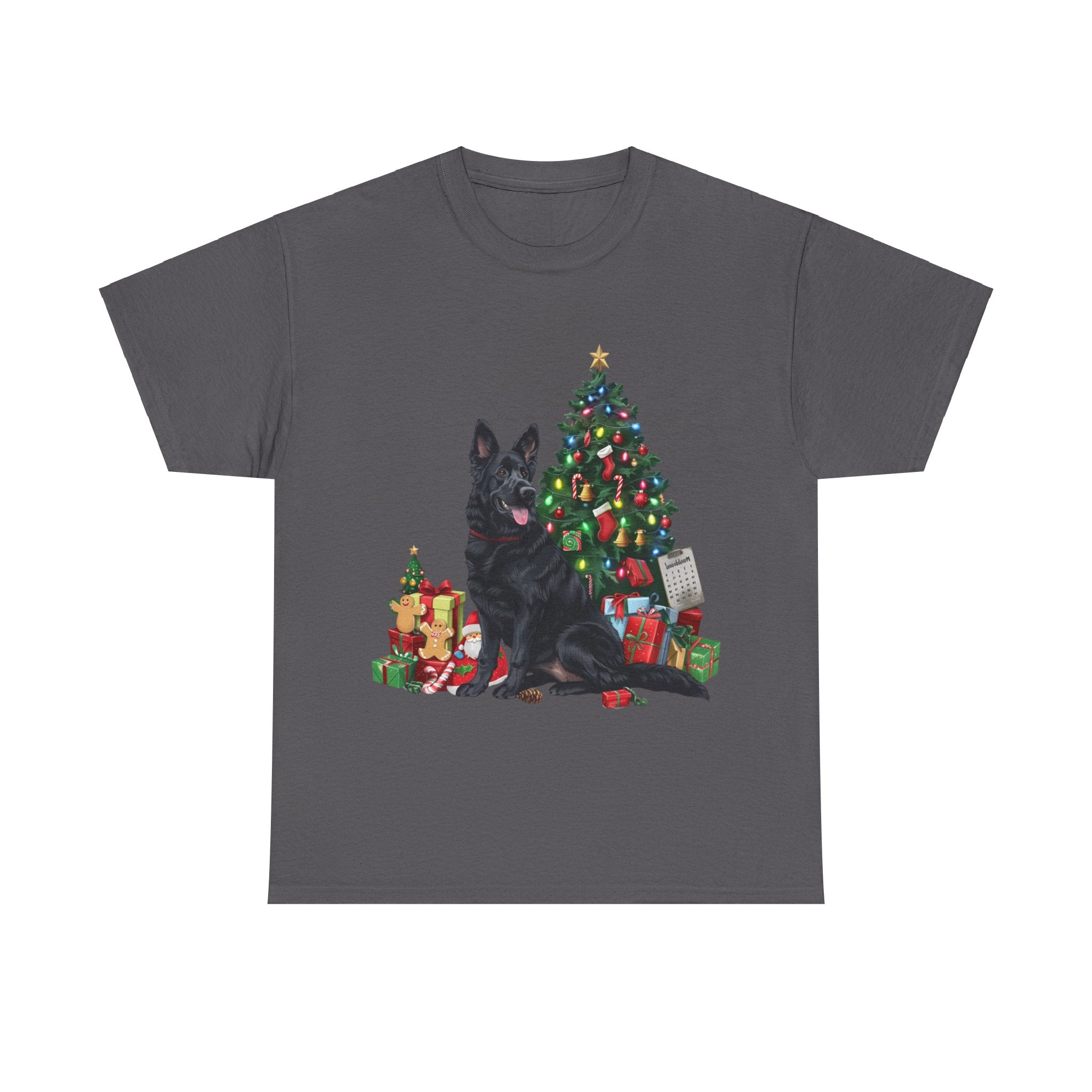 Printify T-Shirt Charcoal / S Black German Shepherd with Christmas Tree and Gifts – Festive Holiday Dog Art