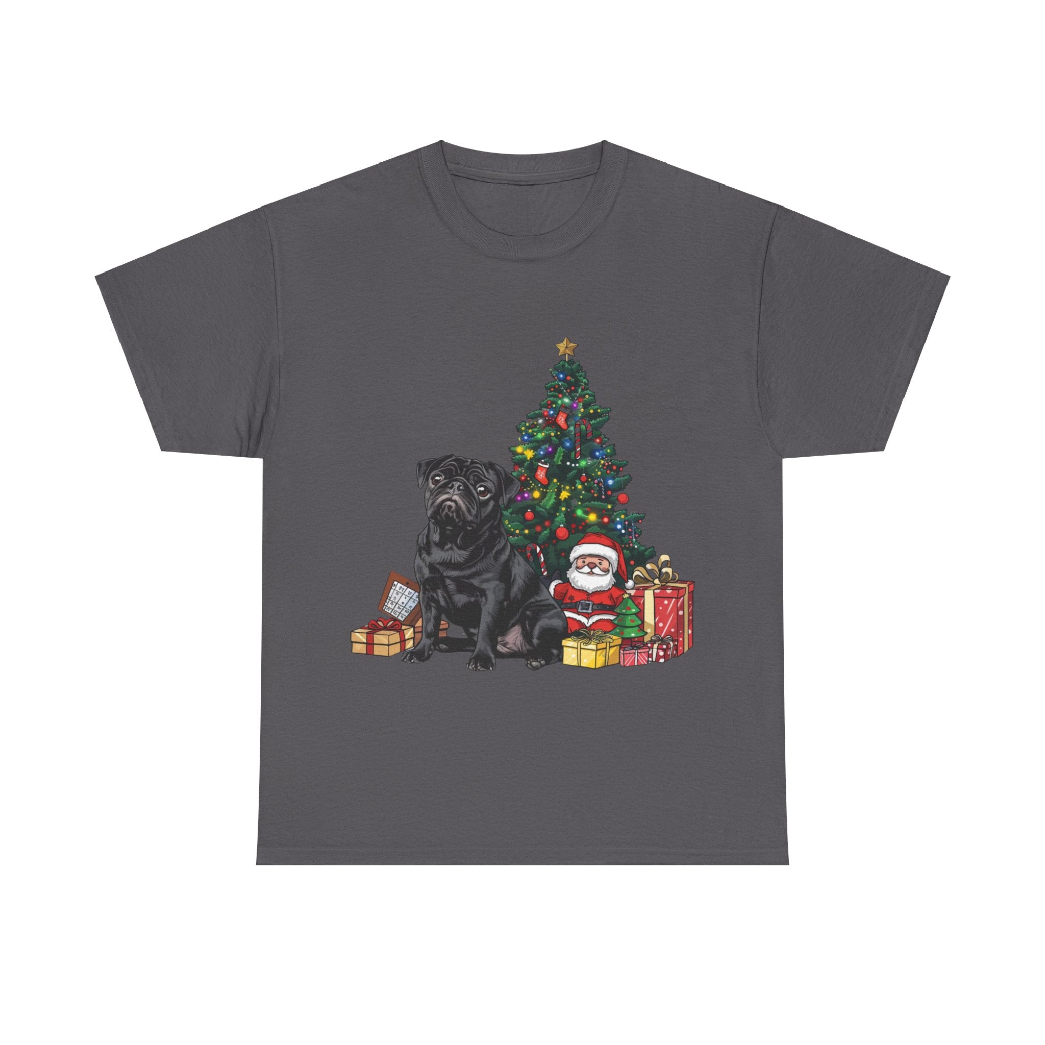 Printify T-Shirt Charcoal / S Black Pug with Christmas Tree and Santa – Festive Holiday Dog Art