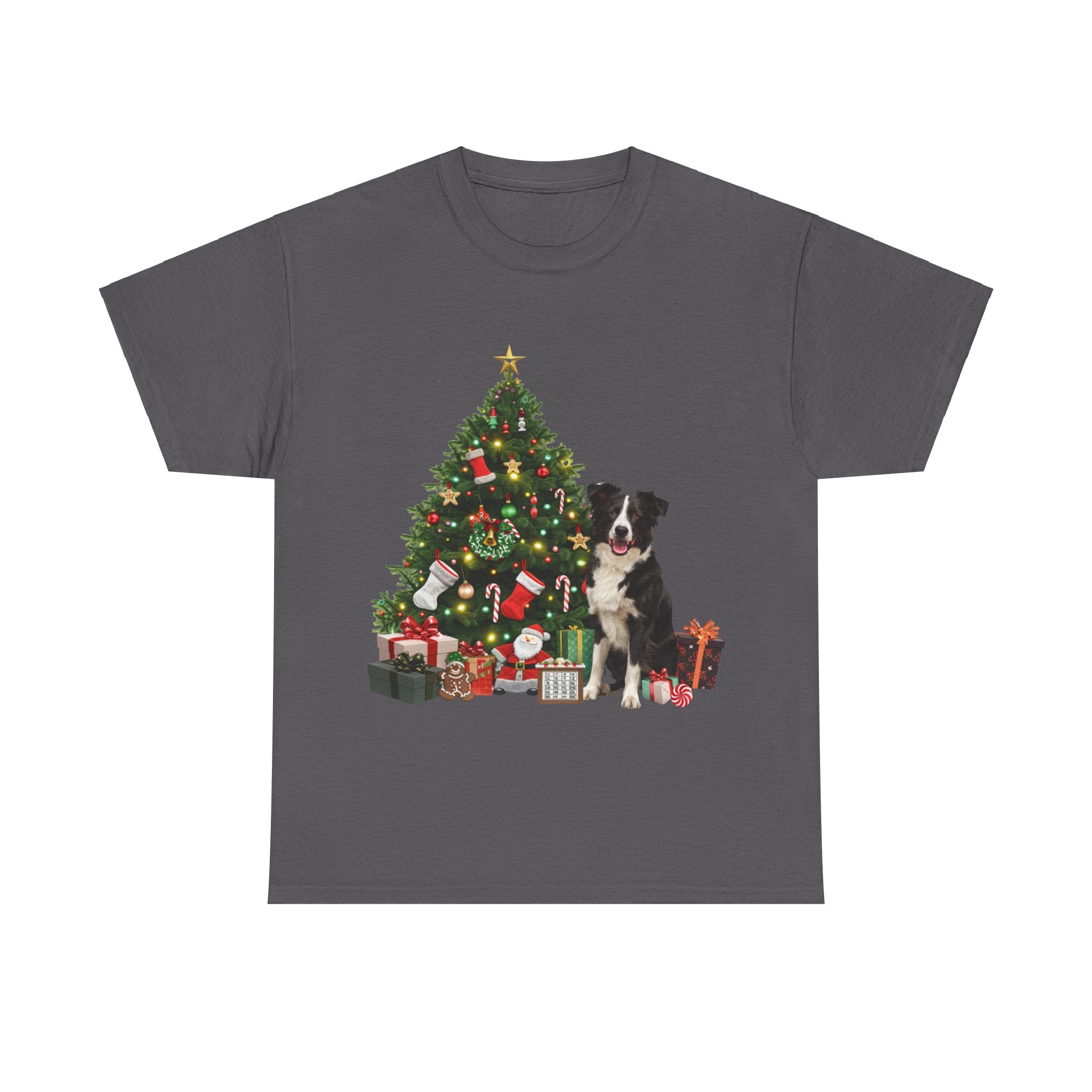 Printify T-Shirt Charcoal / S Border Collie with Christmas Tree and Gifts – Festive Holiday Dog Art