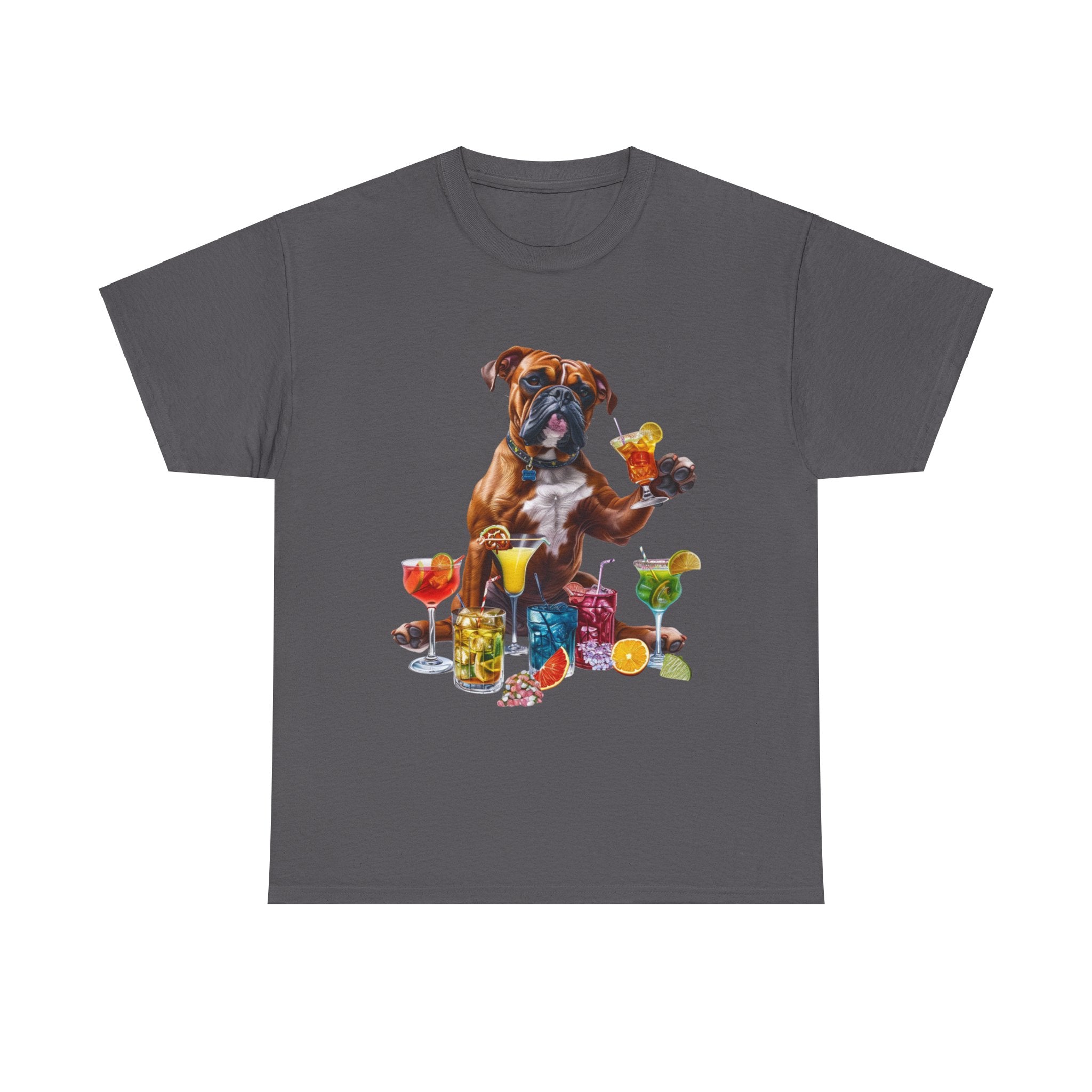 Printify T-Shirt Charcoal / S Boxer Dog Cocktail Design with Vibrant Drinks – Fun and Playful for Dog Lovers