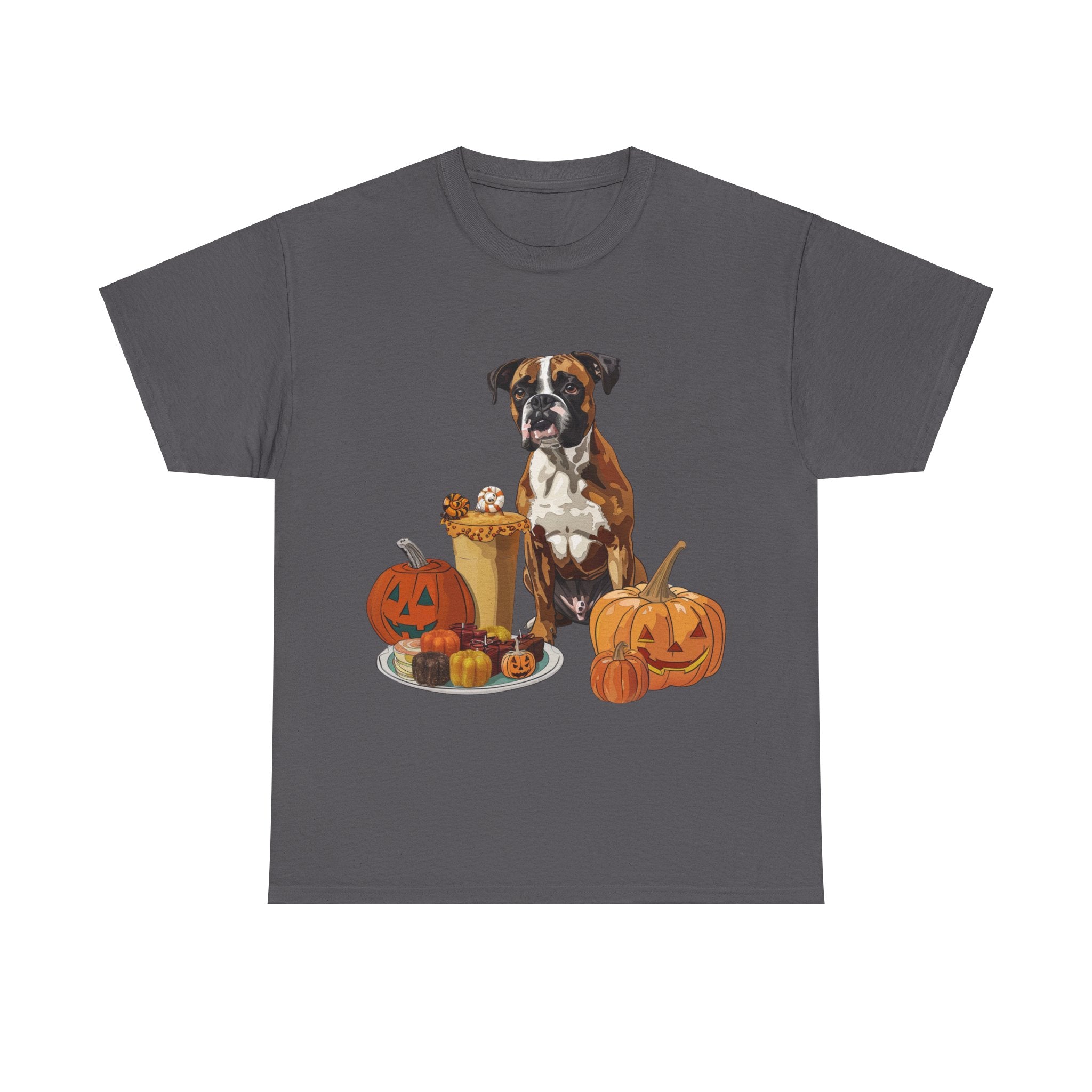 Printify T-Shirt Charcoal / S Boxer Halloween Design with Jack-o'-Lanterns and Festive Sweets – Ideal for Dog Lovers