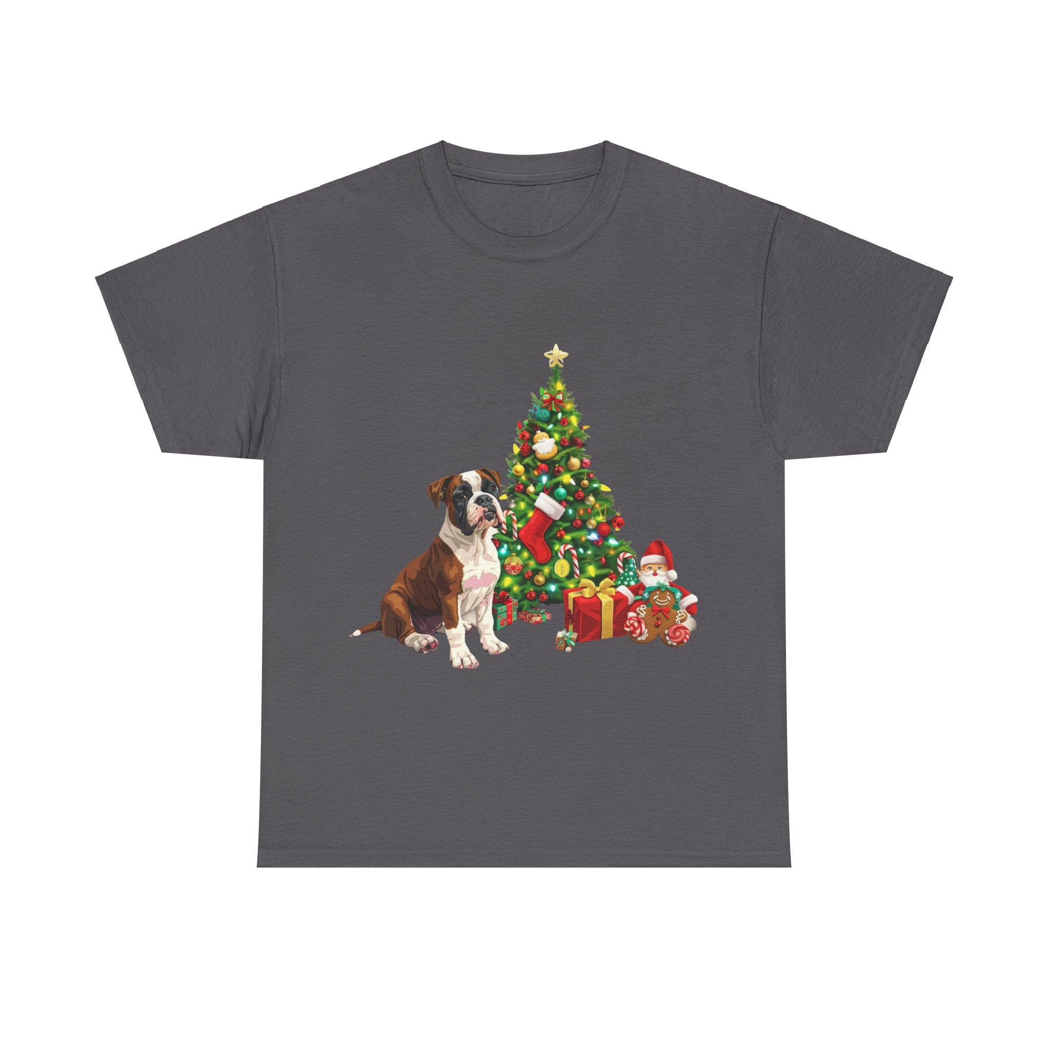 Printify T-Shirt Charcoal / S Boxer with Christmas Tree and Gifts – Festive Holiday Dog Art