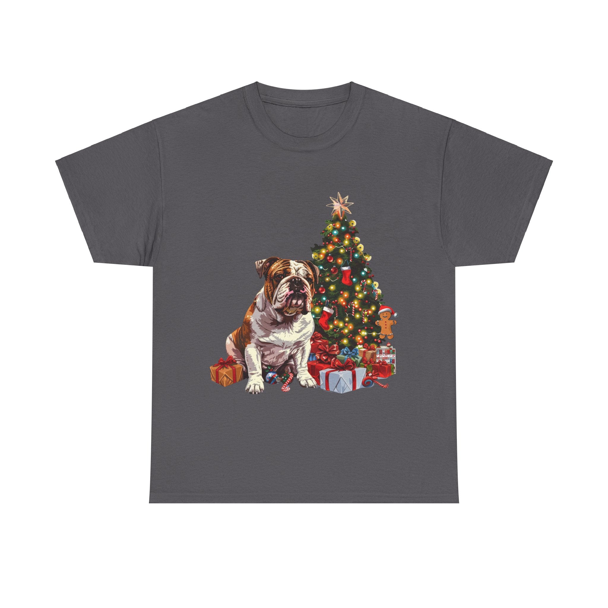 Printify T-Shirt Charcoal / S Bulldog with Christmas Tree and Gifts – Festive Holiday Dog Art