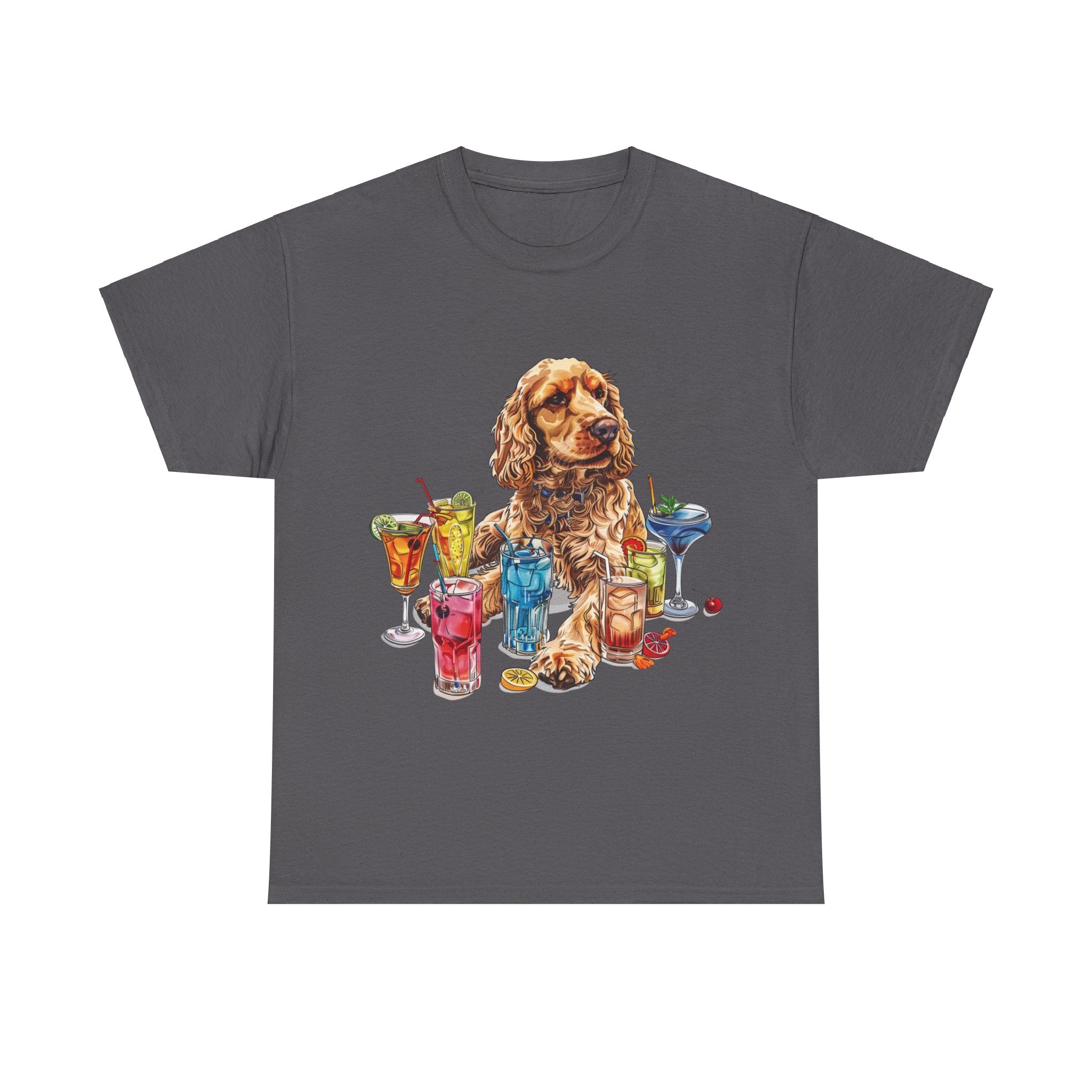 Printify T-Shirt Charcoal / S Charming Cocker Spaniel with Refreshing Cocktails – A Splash of Fun