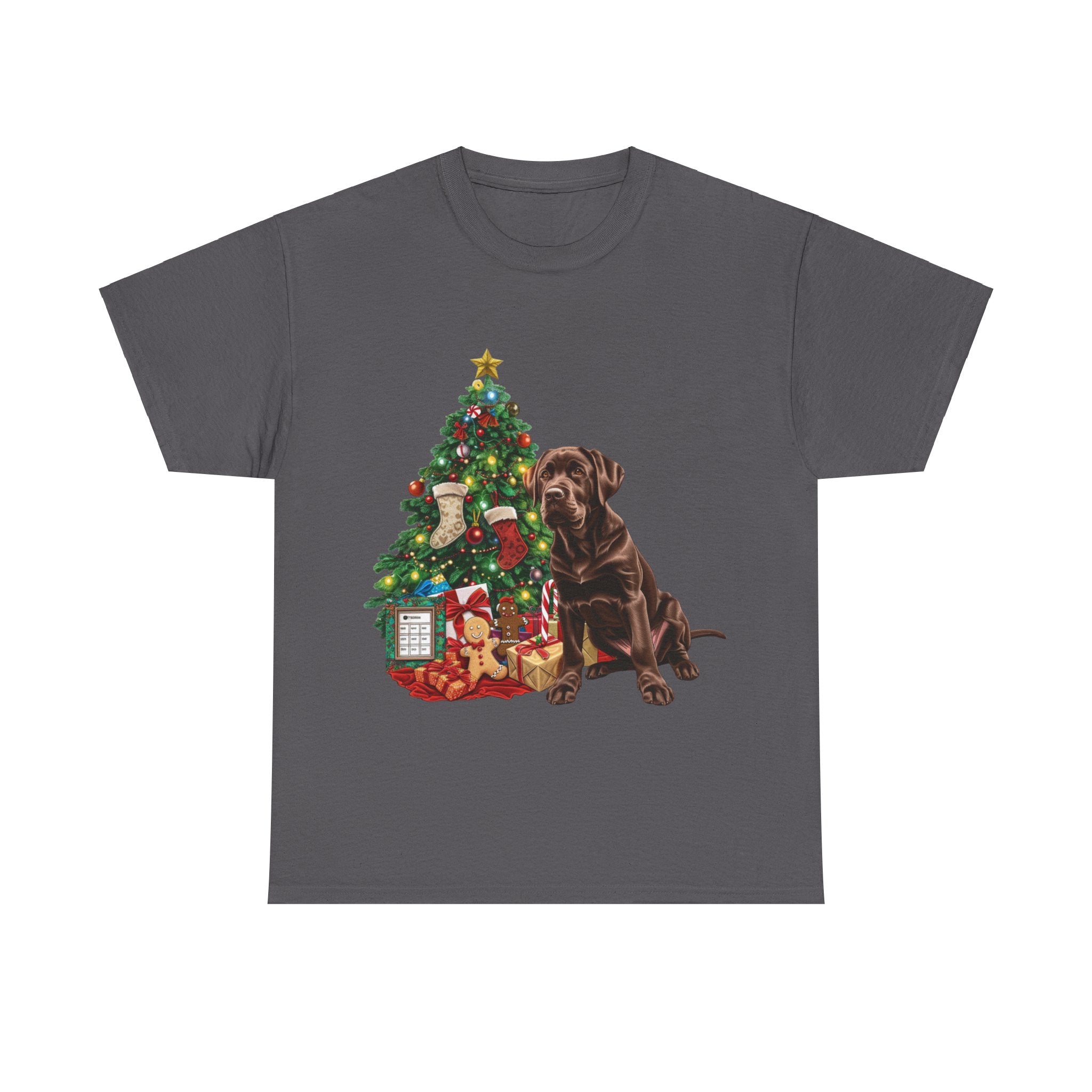 Printify T-Shirt Charcoal / S Chocolate Labrador with Christmas Tree and Presents – Festive Holiday Dog Art