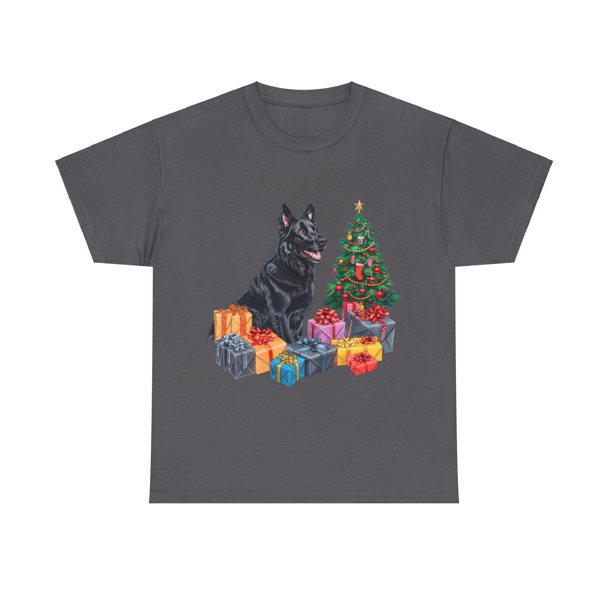 Printify T-Shirt Charcoal / S Christmas Black Shepherd Dog with Gifts and Tree – A Festive and Loyal Companion