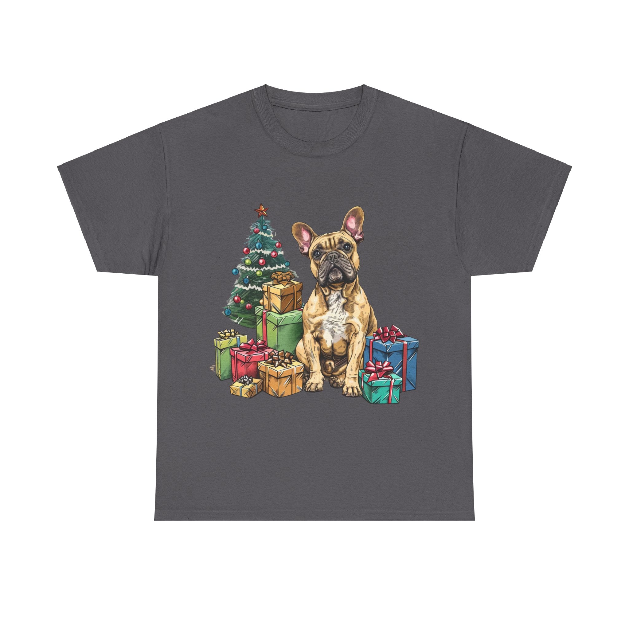 Printify T-Shirt Charcoal / S Christmas French Bulldog with Presents – A Festive and Adorable Holiday Design for Dog Lovers