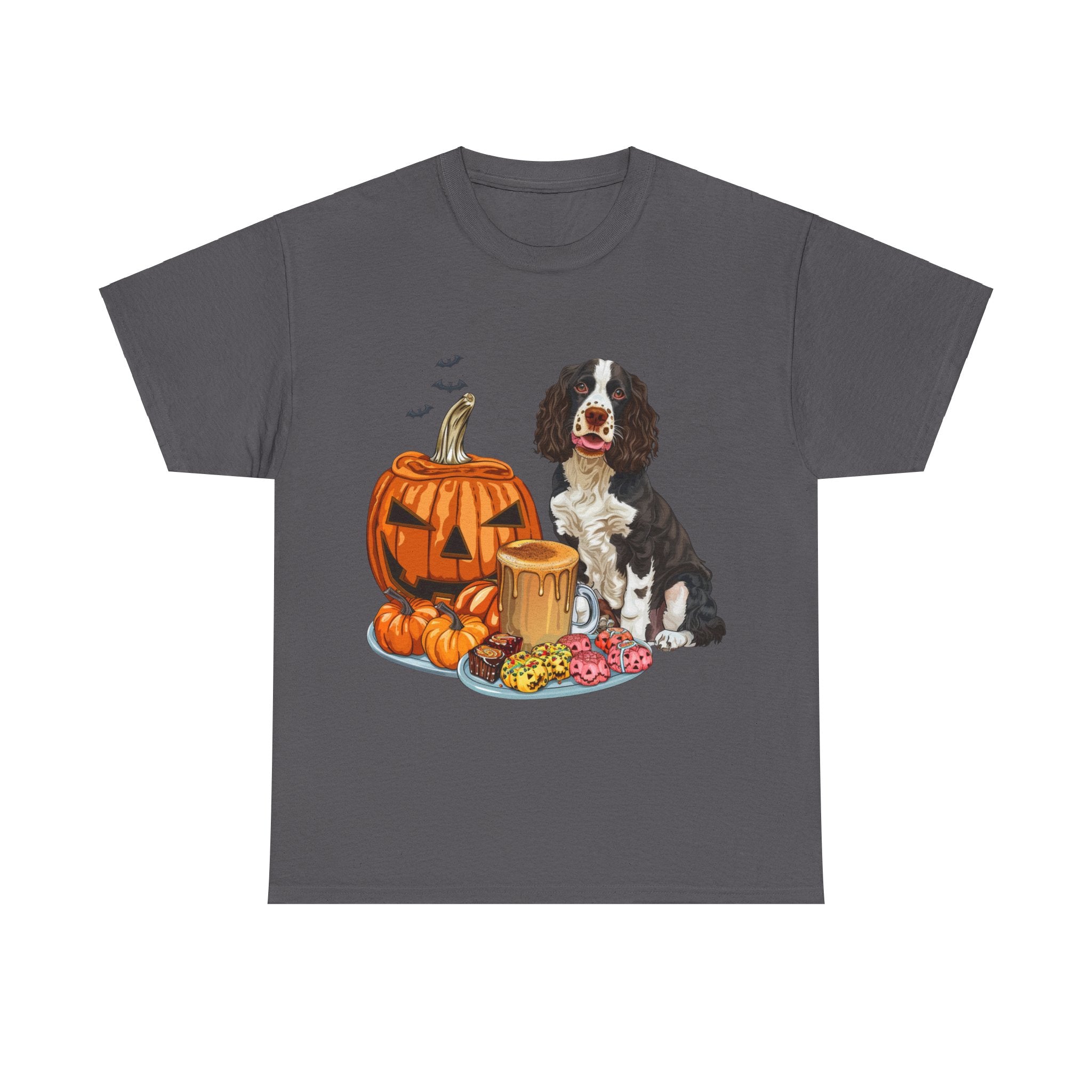 Printify T-Shirt Charcoal / S Cocker Spaniel Halloween Design with Jack-o'-Lantern and Treats – Perfect for Dog Lovers