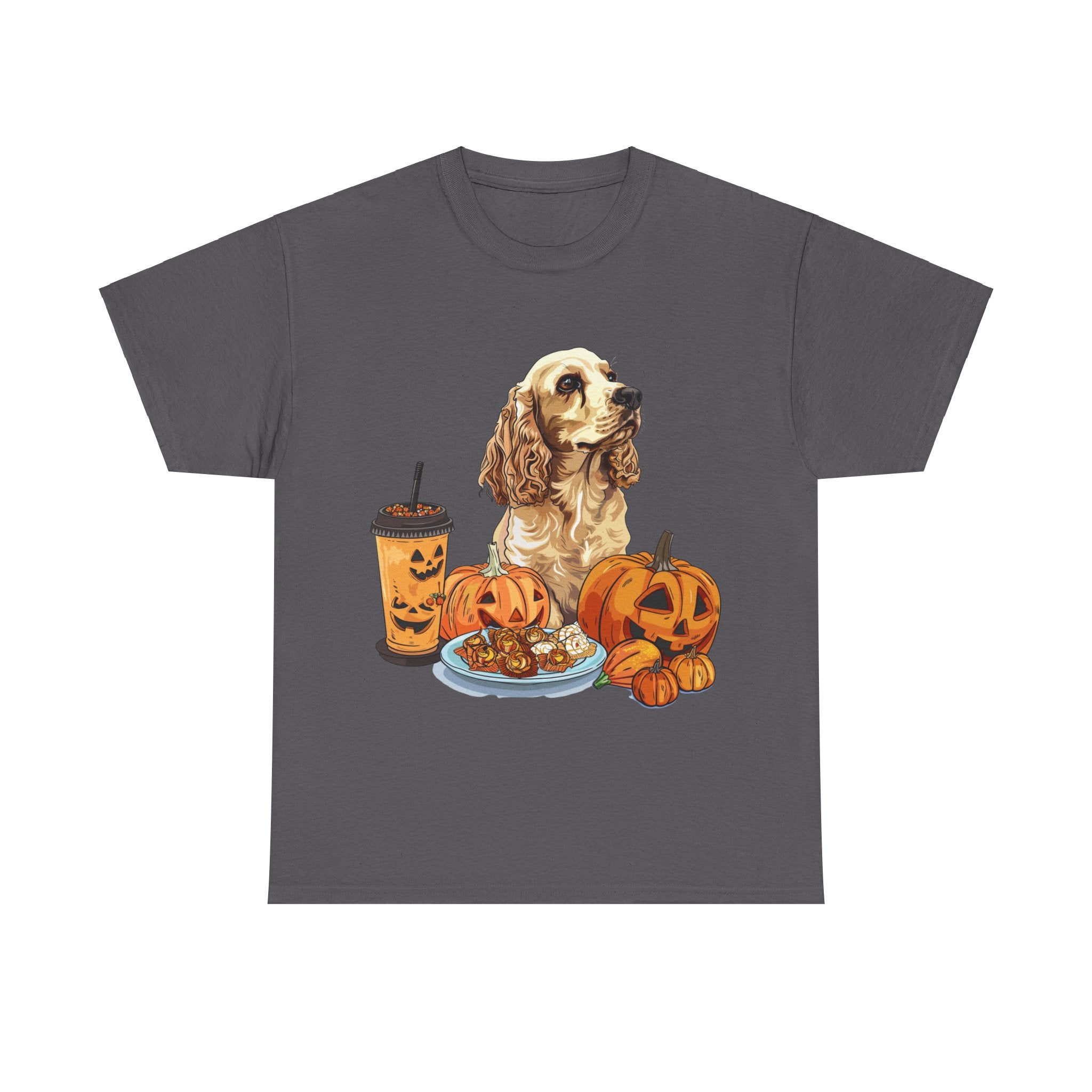 Printify T-Shirt Charcoal / S Cocker Spaniel Halloween Design with Pumpkins and Sweet Treats – Ideal for Dog Lovers