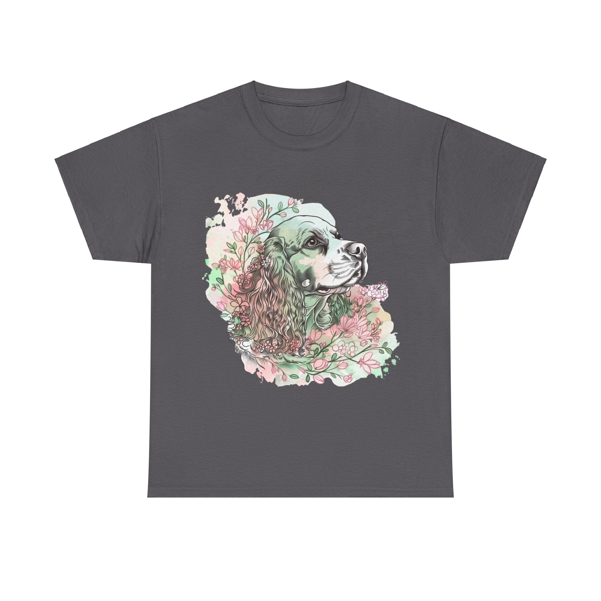 Printify T-Shirt Charcoal / S Cocker Spaniel with Floral Accents – Artistic Dog Illustration