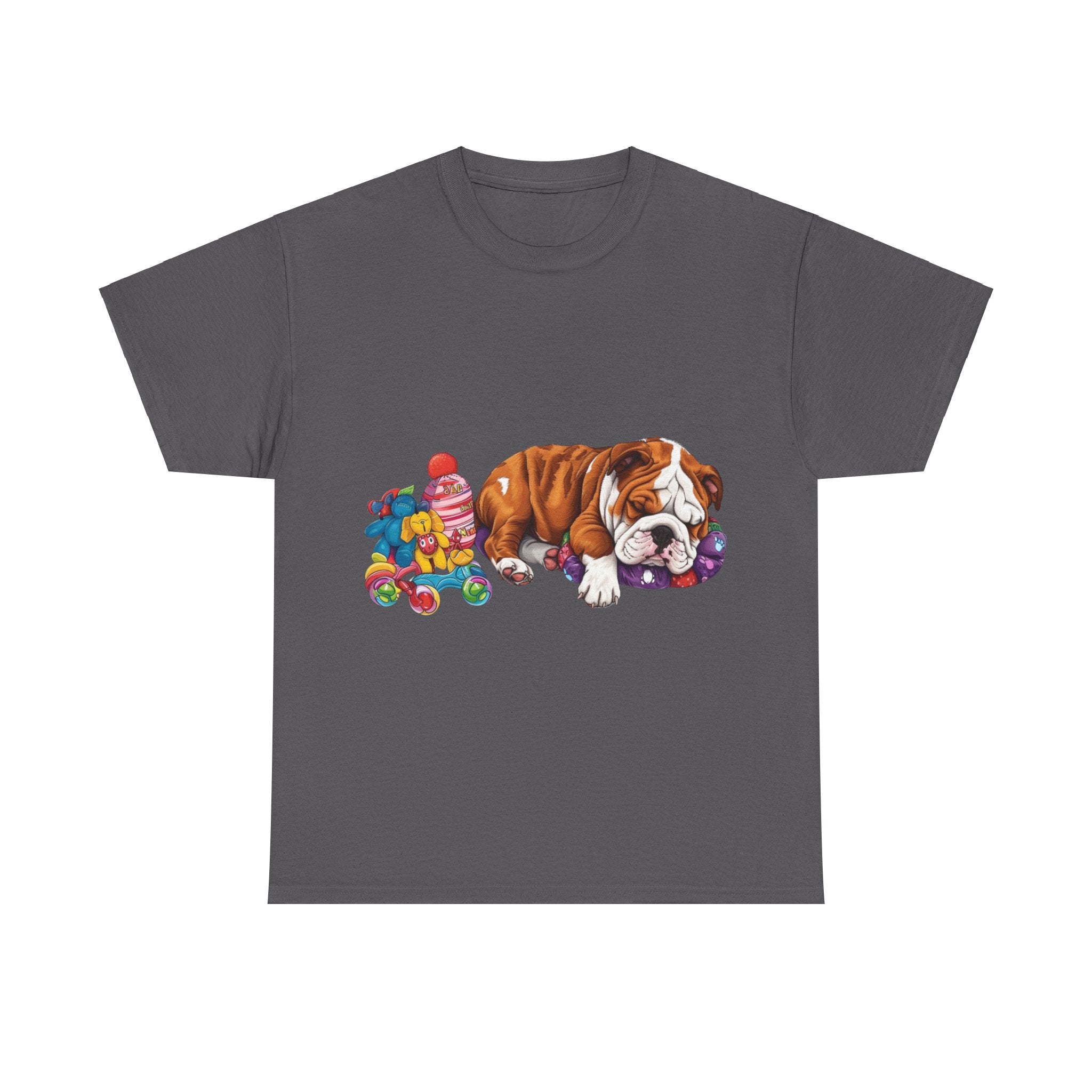 Printify T-Shirt Charcoal / S Cozy Sleeping Bulldog with Toys – Delightful Design for Dog Lovers