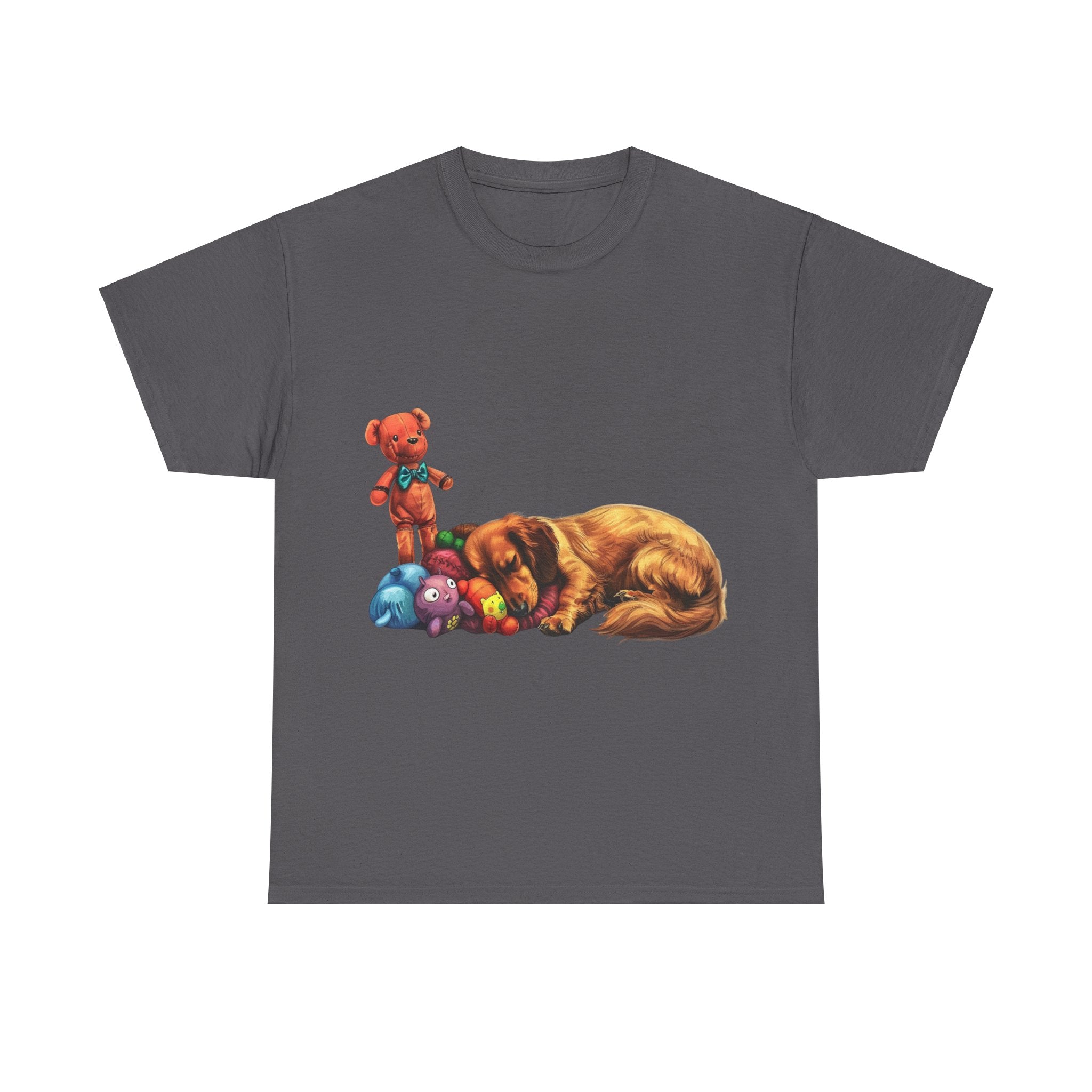 Printify T-Shirt Charcoal / S Cozy Sleeping Dachshund with Toys – Adorable Design for Pet Lovers