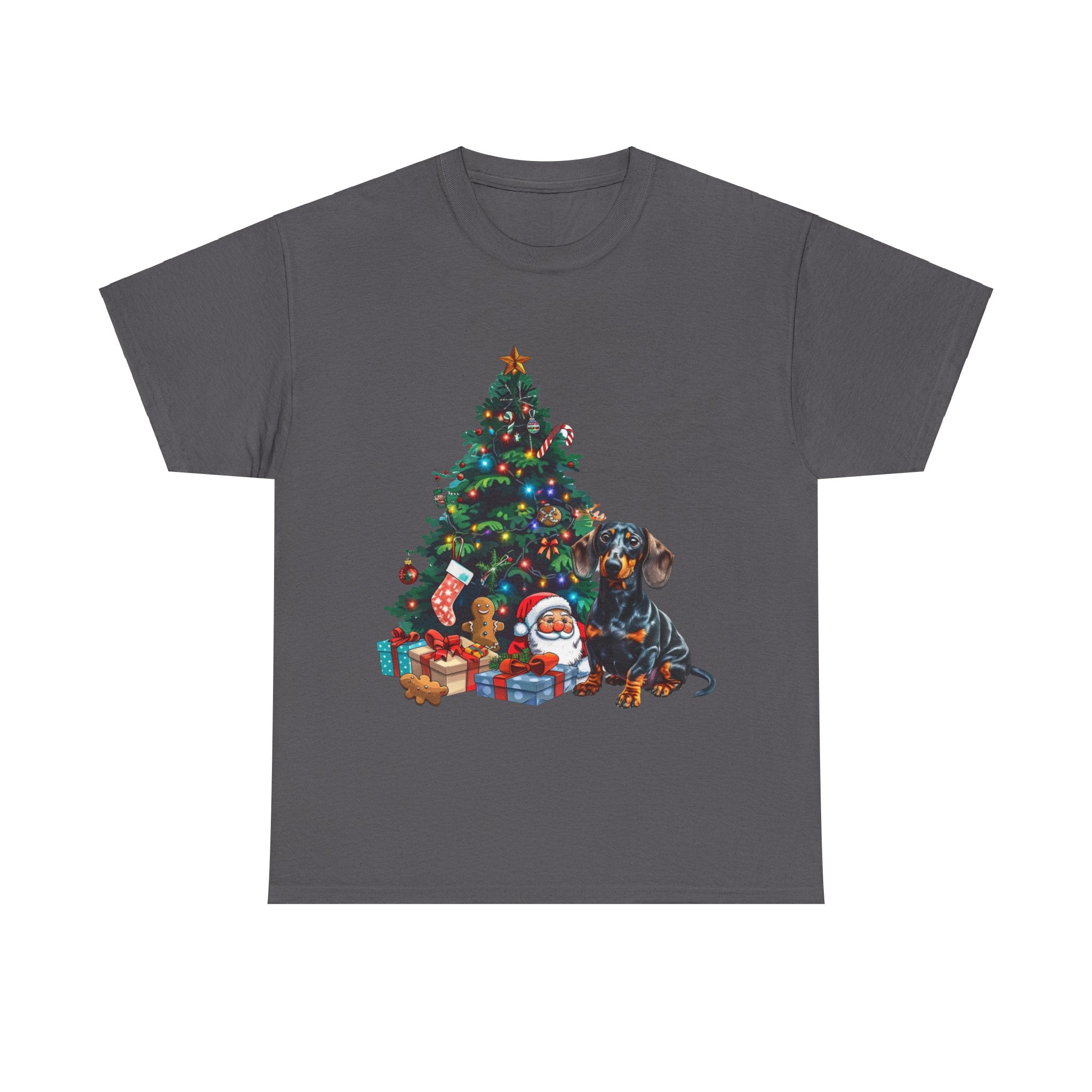 Printify T-Shirt Charcoal / S Dachshund with Christmas Tree and Santa – Festive Holiday Dog Art