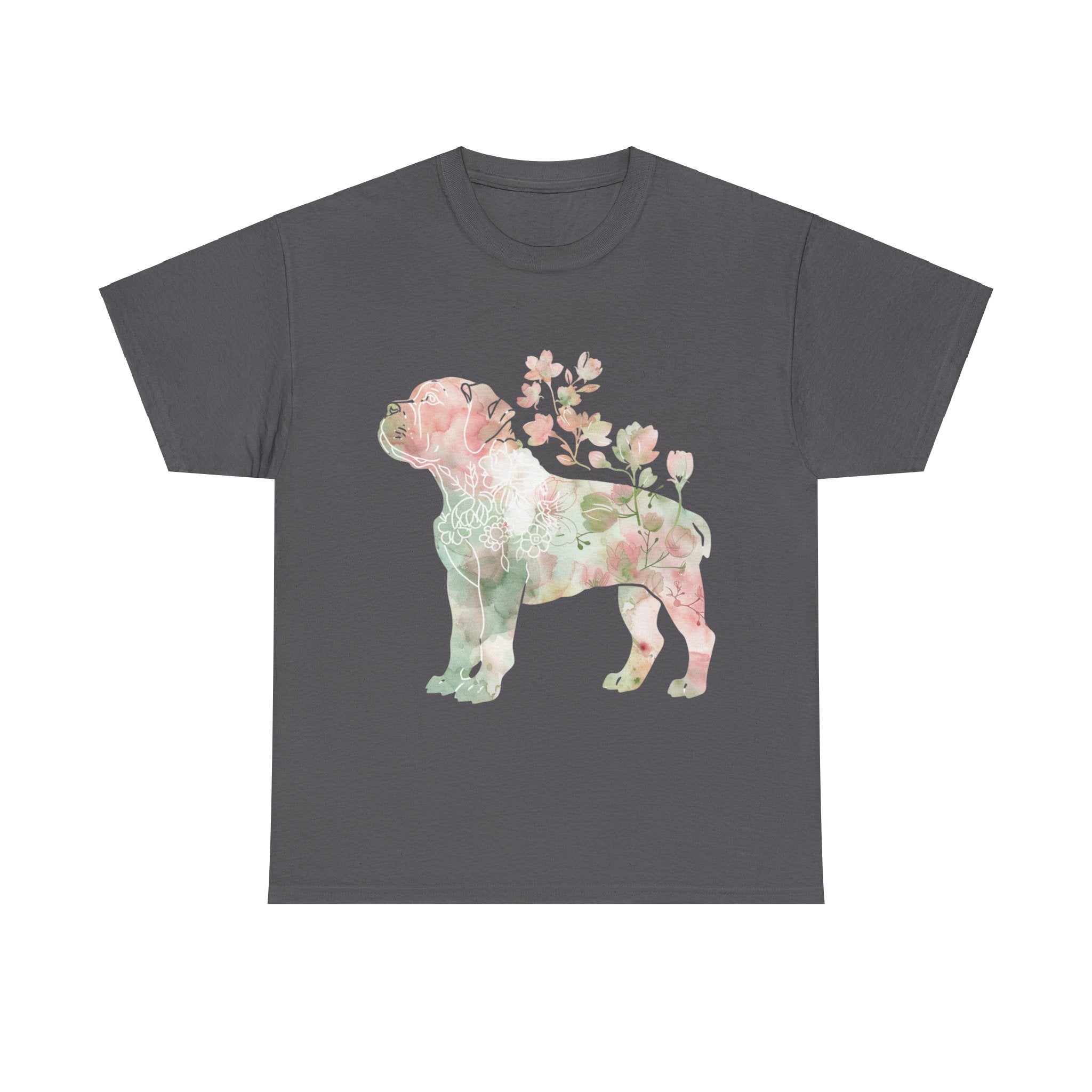 Printify T-Shirt Charcoal / S Floral Boxer Puppy Unisex Heavy Cotton Tee