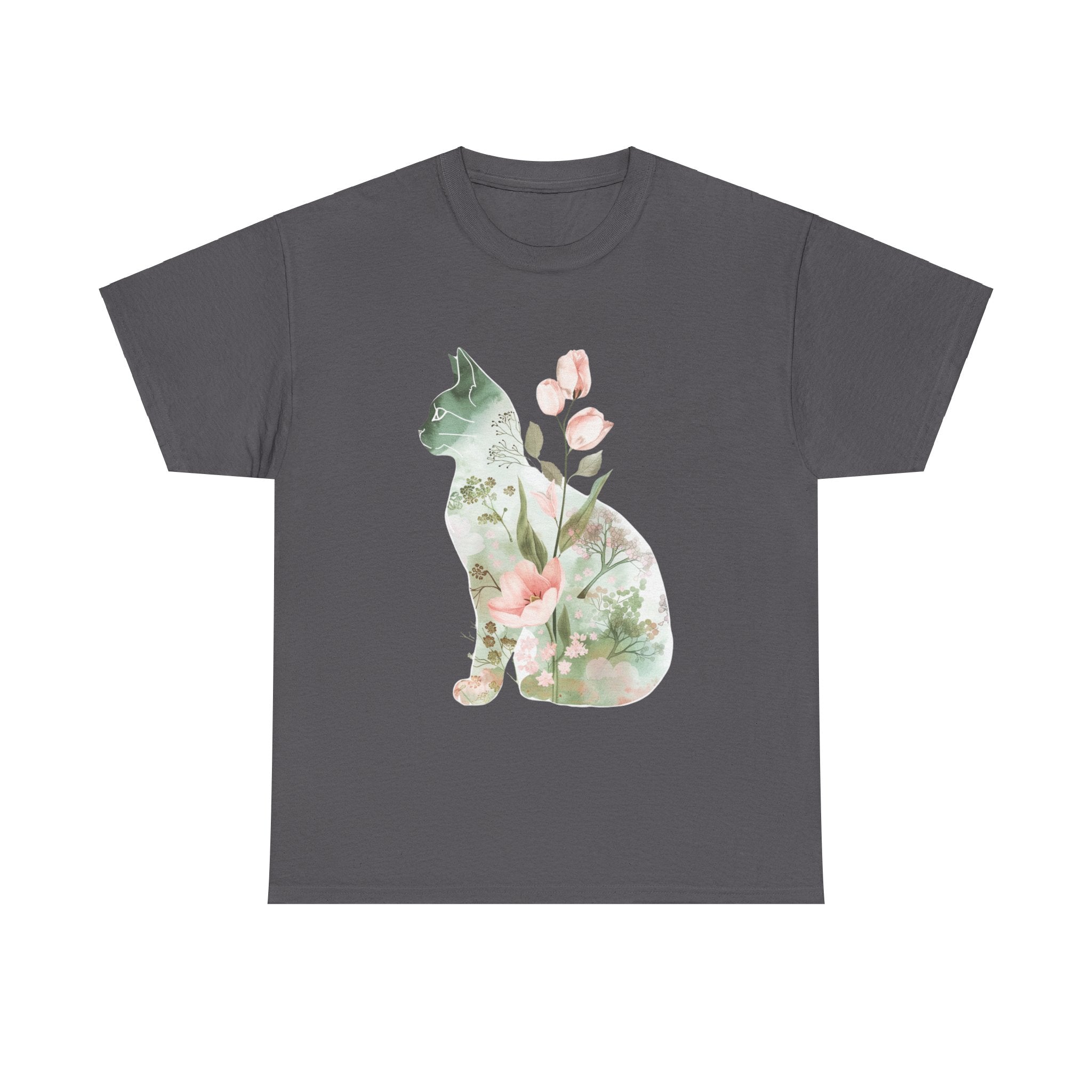 Printify T-Shirt Charcoal / S Floral Cat Unisex Heavy Cotton Tee