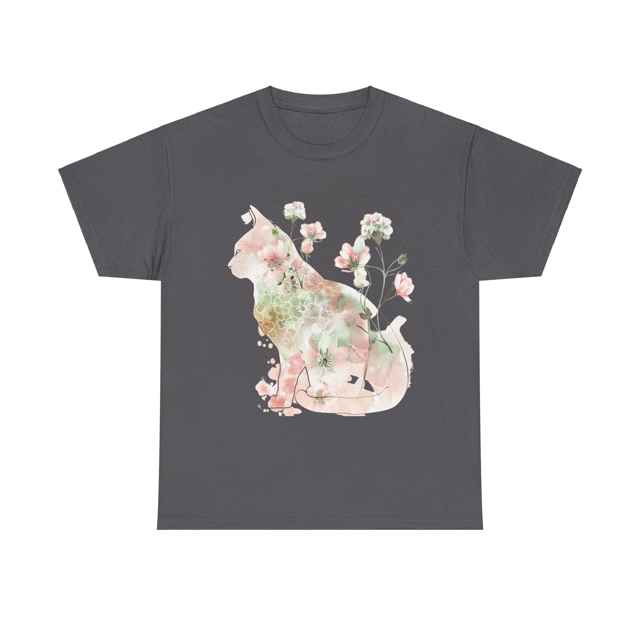 Printify T-Shirt Charcoal / S Floral Cat Unisex Heavy Cotton Tee