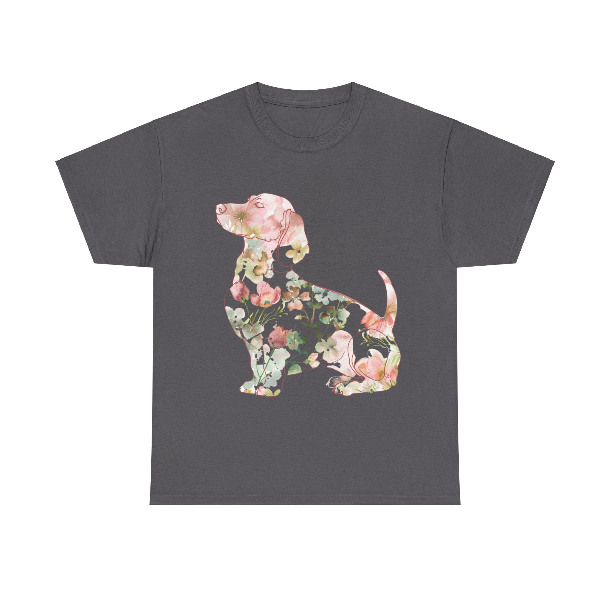 Printify T-Shirt Charcoal / S Floral Dachshund Unisex Heavy Cotton Tee