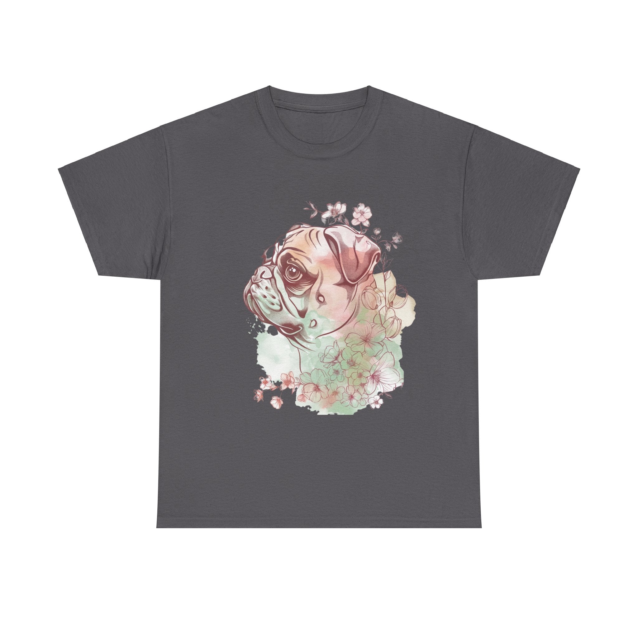 Printify T-Shirt Charcoal / S Floral Pug Silhouette Unisex Heavy Cotton Tee