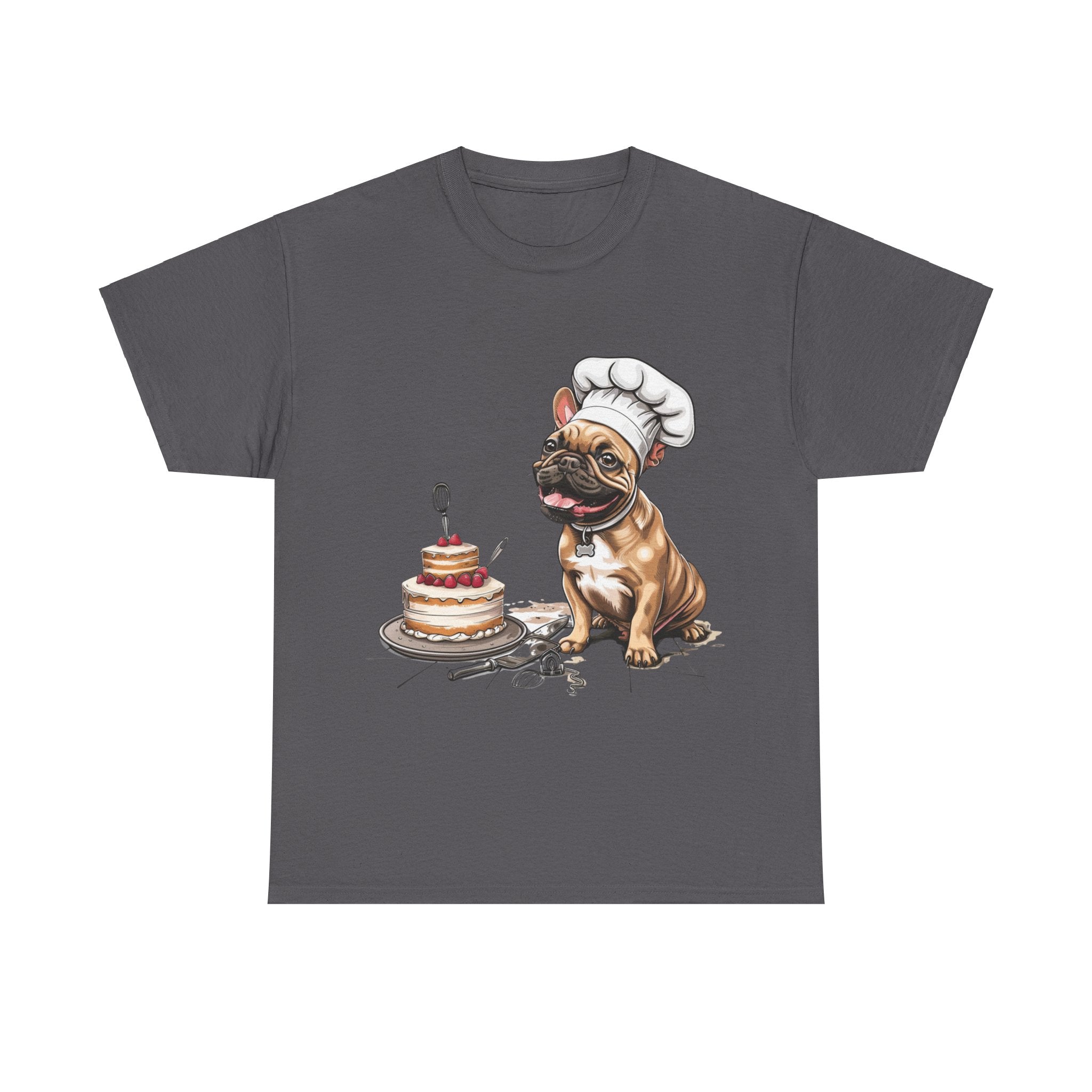 Printify T-Shirt Charcoal / S French Bulldog Chef Design with Cake – Perfect for Dog Lovers and Baking Enthusiasts