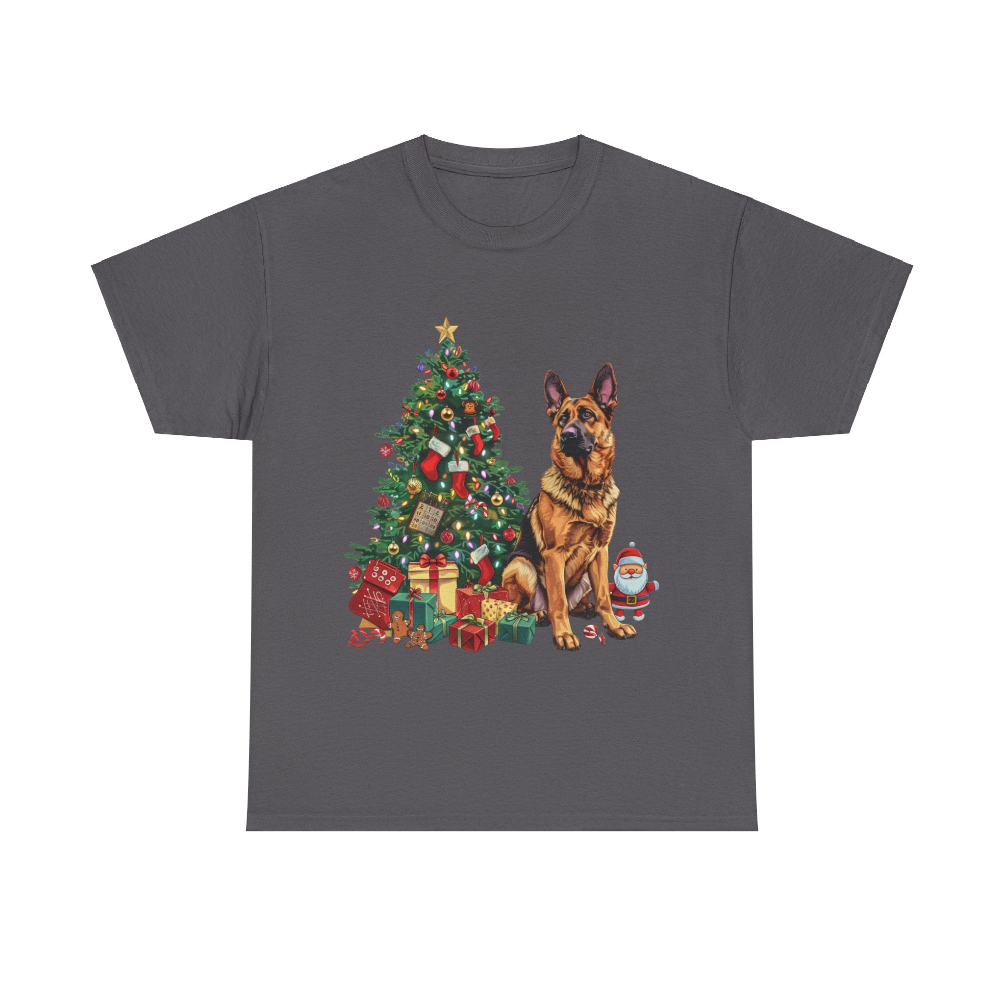 Printify T-Shirt Charcoal / S German Shepherd Christmas Tree with Santa and Gifts – Festive Holiday Dog Art for Christmas