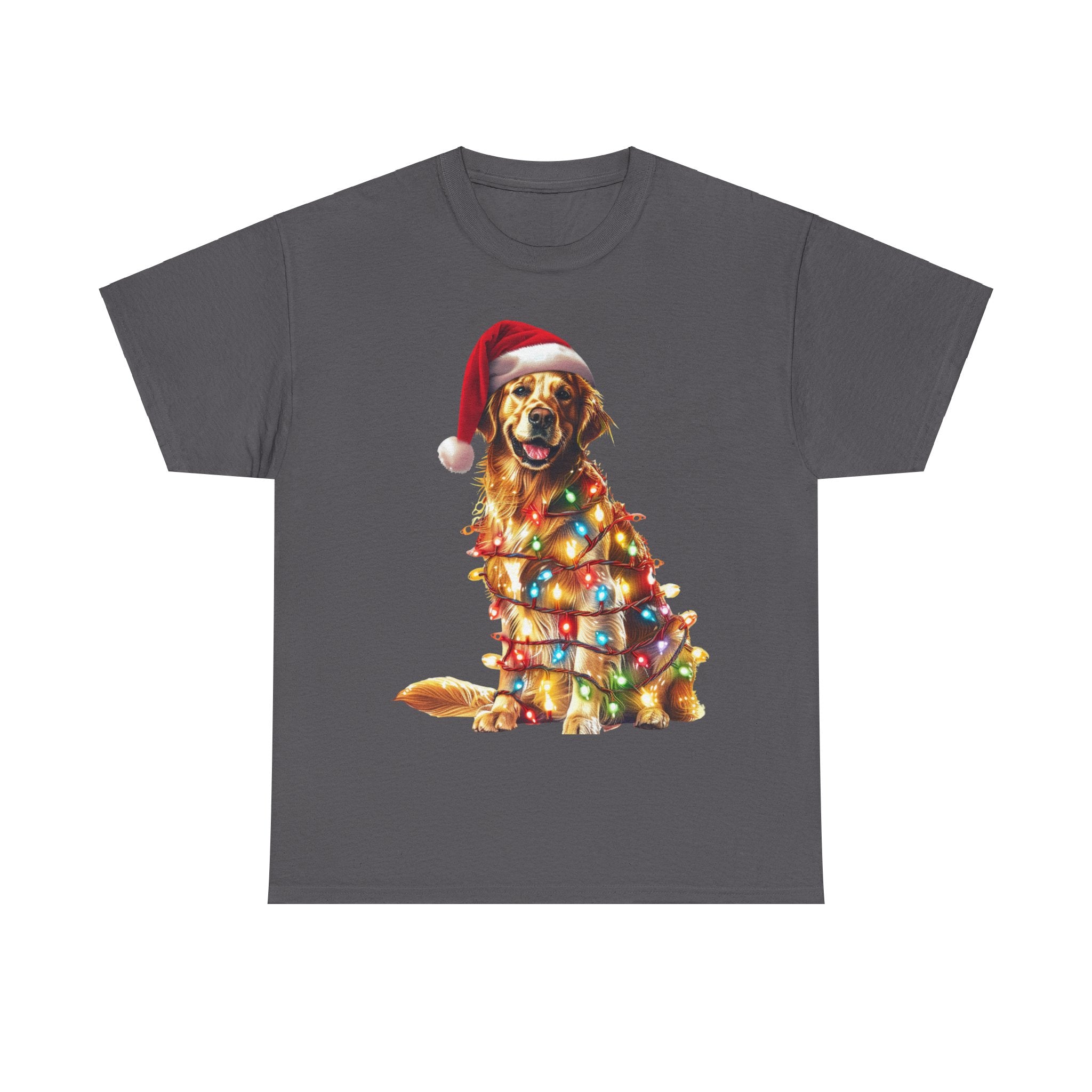 Printify T-Shirt Charcoal / S Golden Retriever Christmas Lights Unisex Heavy Cotton Tee