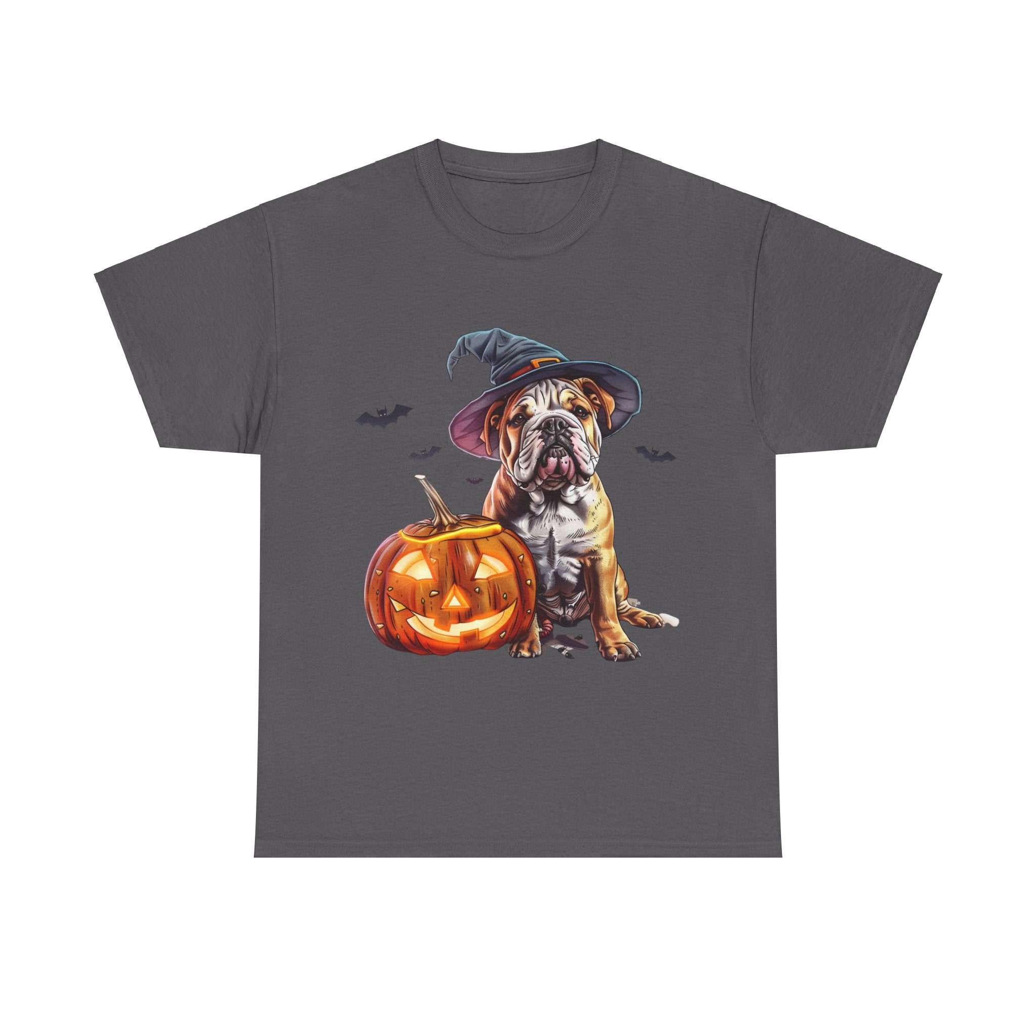 Printify T-Shirt Charcoal / S Halloween Bulldog Witch Hat & Pumpkin Glow Unisex Cotton Tee