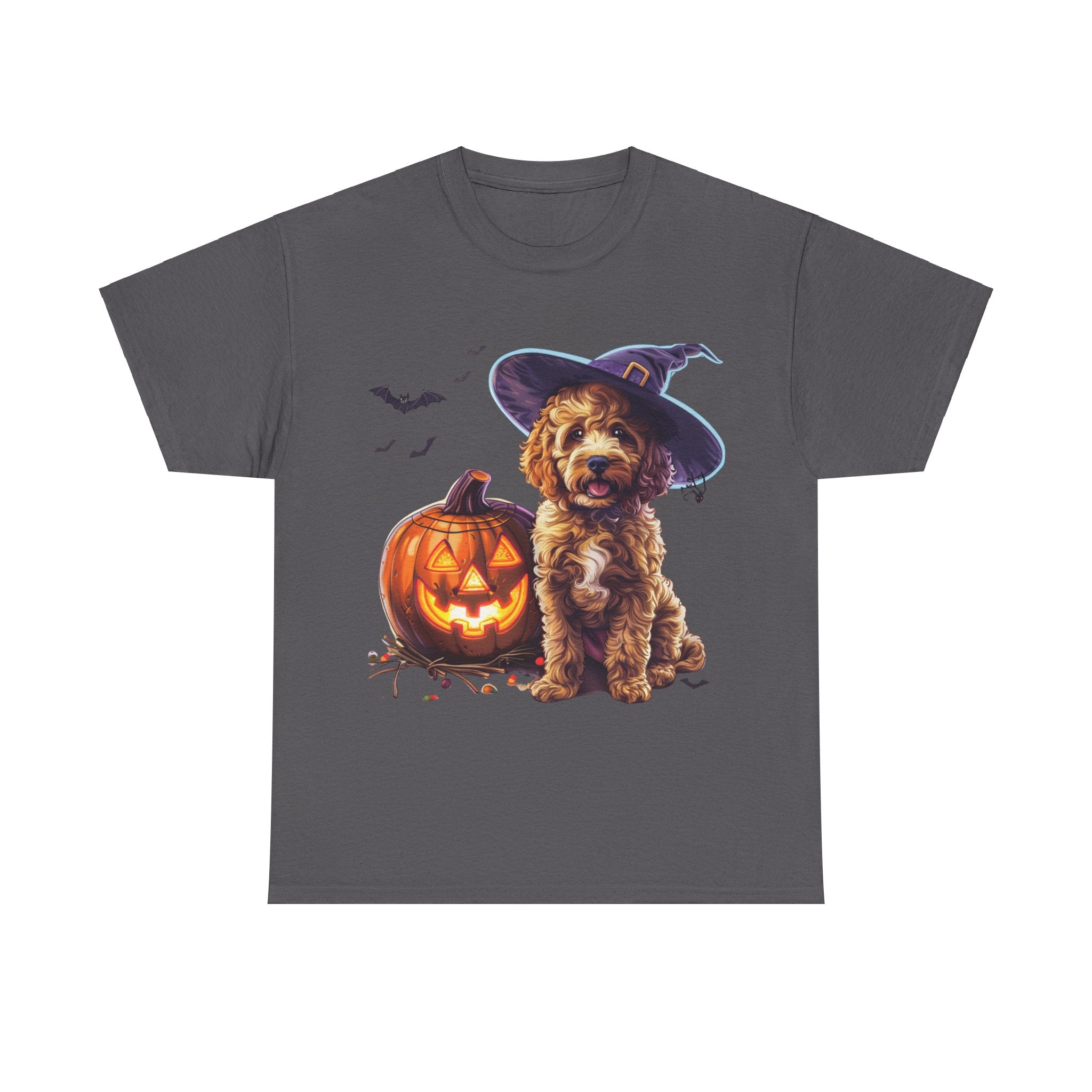 Printify T-Shirt Charcoal / S Halloween Cockapoo Witch Hat & Glowing Pumpkin Unisex Cotton Tee