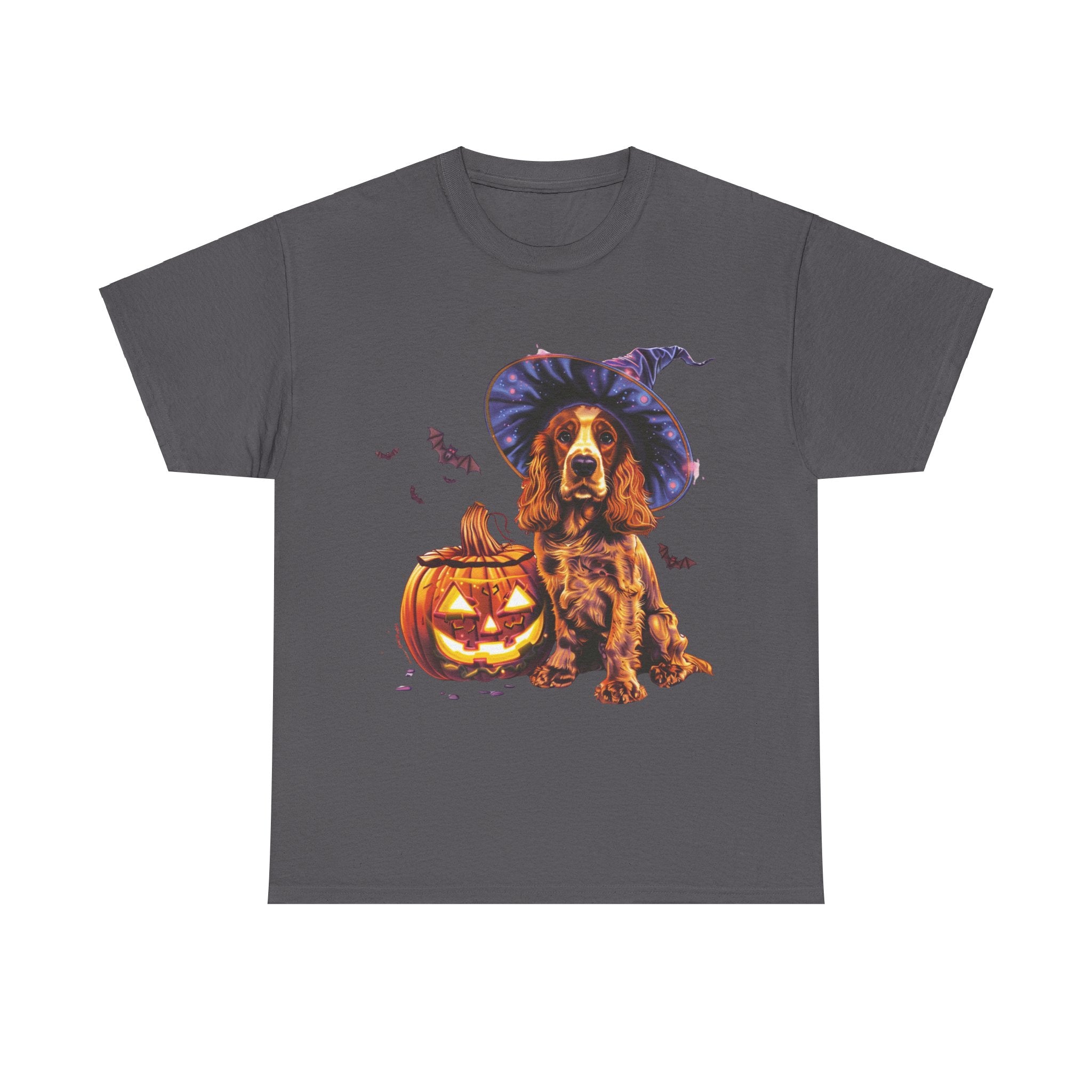 Printify T-Shirt Charcoal / S Halloween Cocker Spaniel Witch Hat and Pumpkin Unisex Cotton Tee