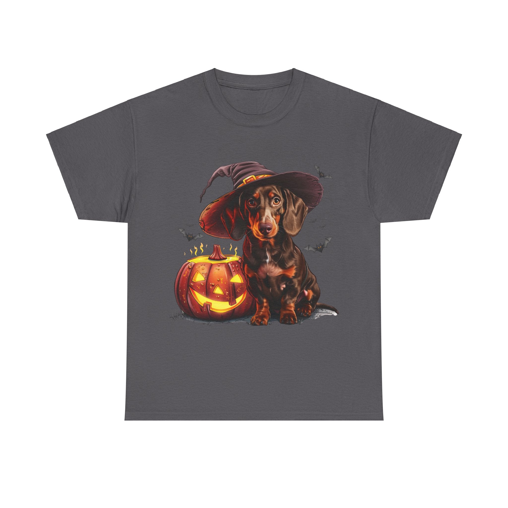 Printify T-Shirt Charcoal / S Halloween Dachshund in Witch Hat Tee – Unisex Cotton Shirt