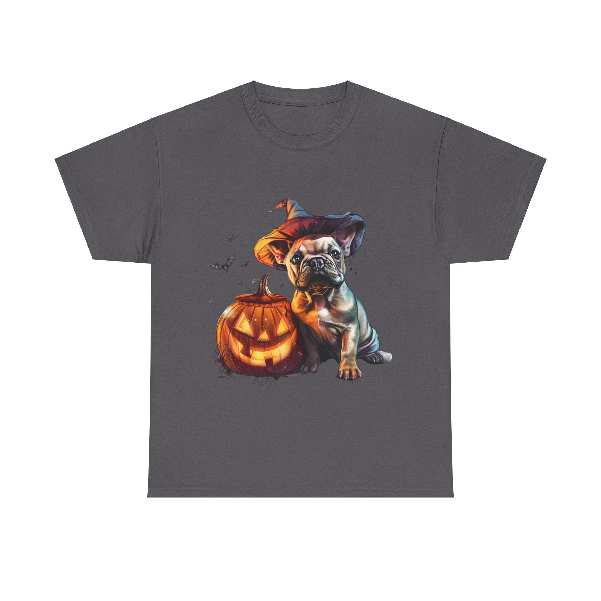 Printify T-Shirt Charcoal / S Halloween French Bulldog with Pumpkin and Witch Hat Unisex Cotton Tee