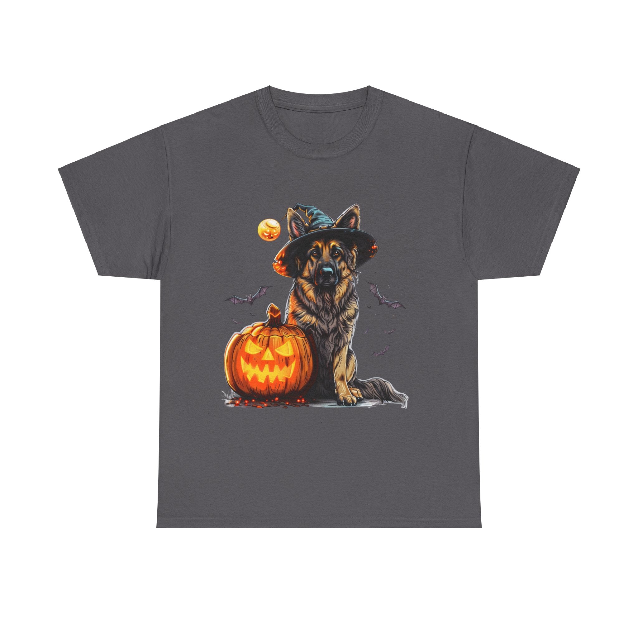 Printify T-Shirt Charcoal / S Halloween German Shepherd with Witch Hat and Pumpkin Unisex Cotton Tee