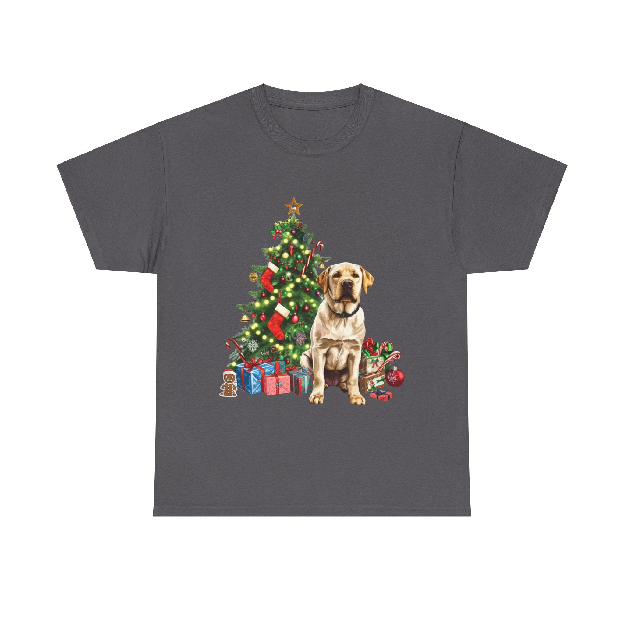 Printify T-Shirt Charcoal / S Labrador with Christmas Tree and Presents – Festive Holiday Dog Art