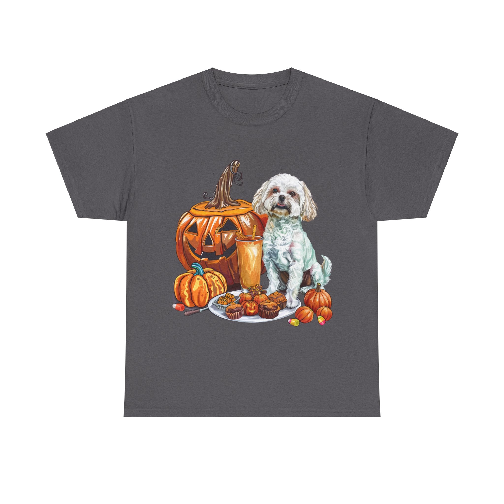 Printify T-Shirt Charcoal / S Maltese Halloween Design with Jack-o'-Lanterns and Festive Pumpkin Treats – Perfect for Dog Lovers