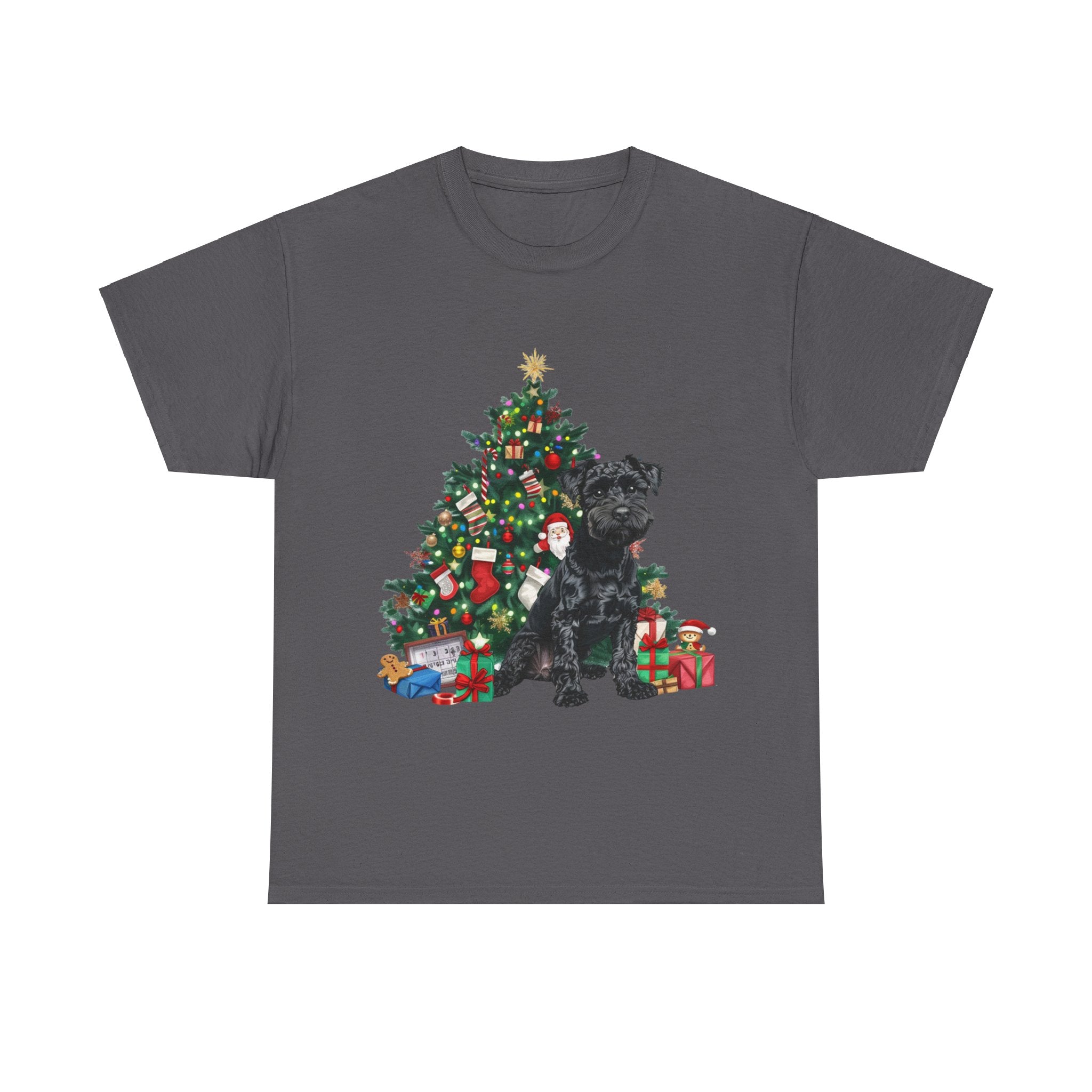 Printify T-Shirt Charcoal / S Miniature Schnauzer with Christmas Tree and Gifts – Festive Holiday Dog Art