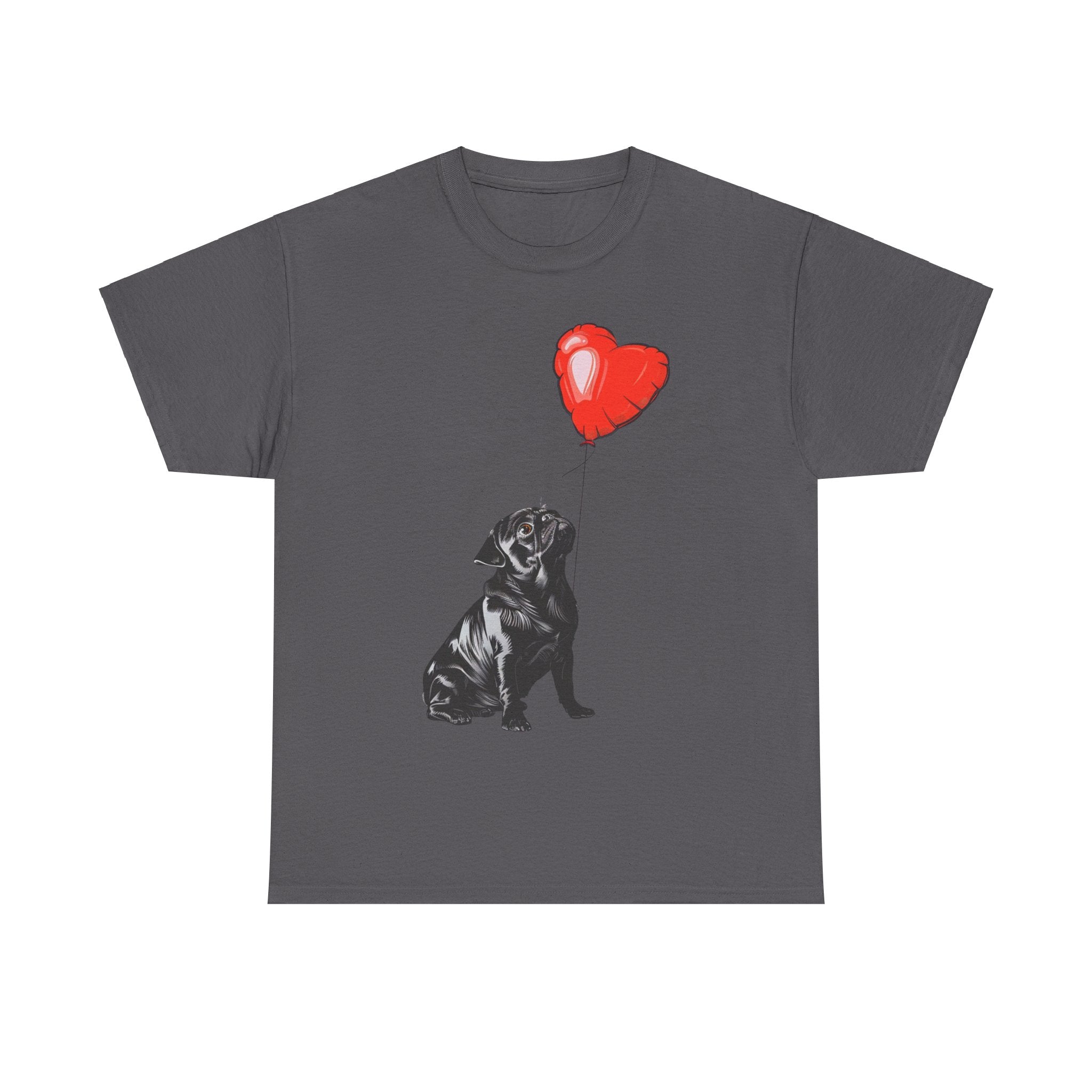 Printify T-Shirt Charcoal / S Pug Heart Balloon T-Shirt – Adorable Dog Lover's Apparel with Heart Balloon Art